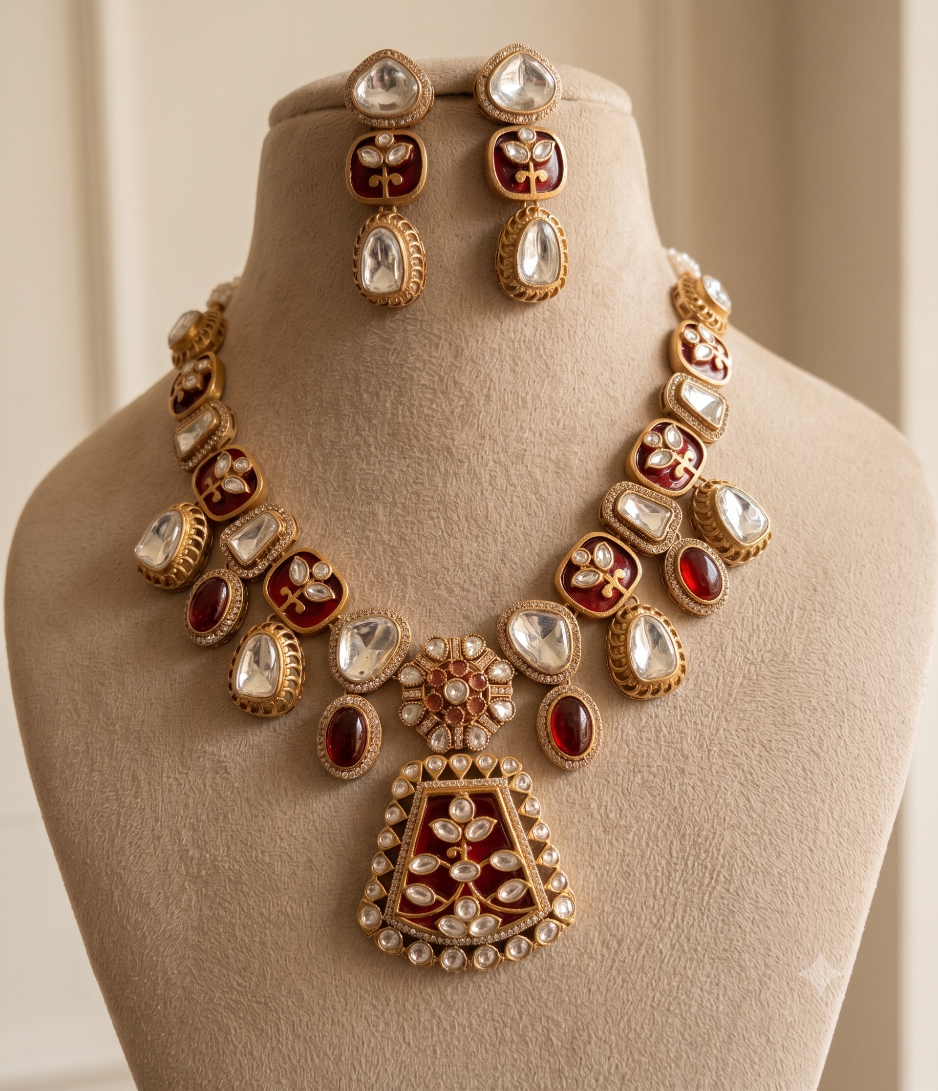 Farah Ruby Red and Gold Kundan Style Necklace Set Roz Jewellers.