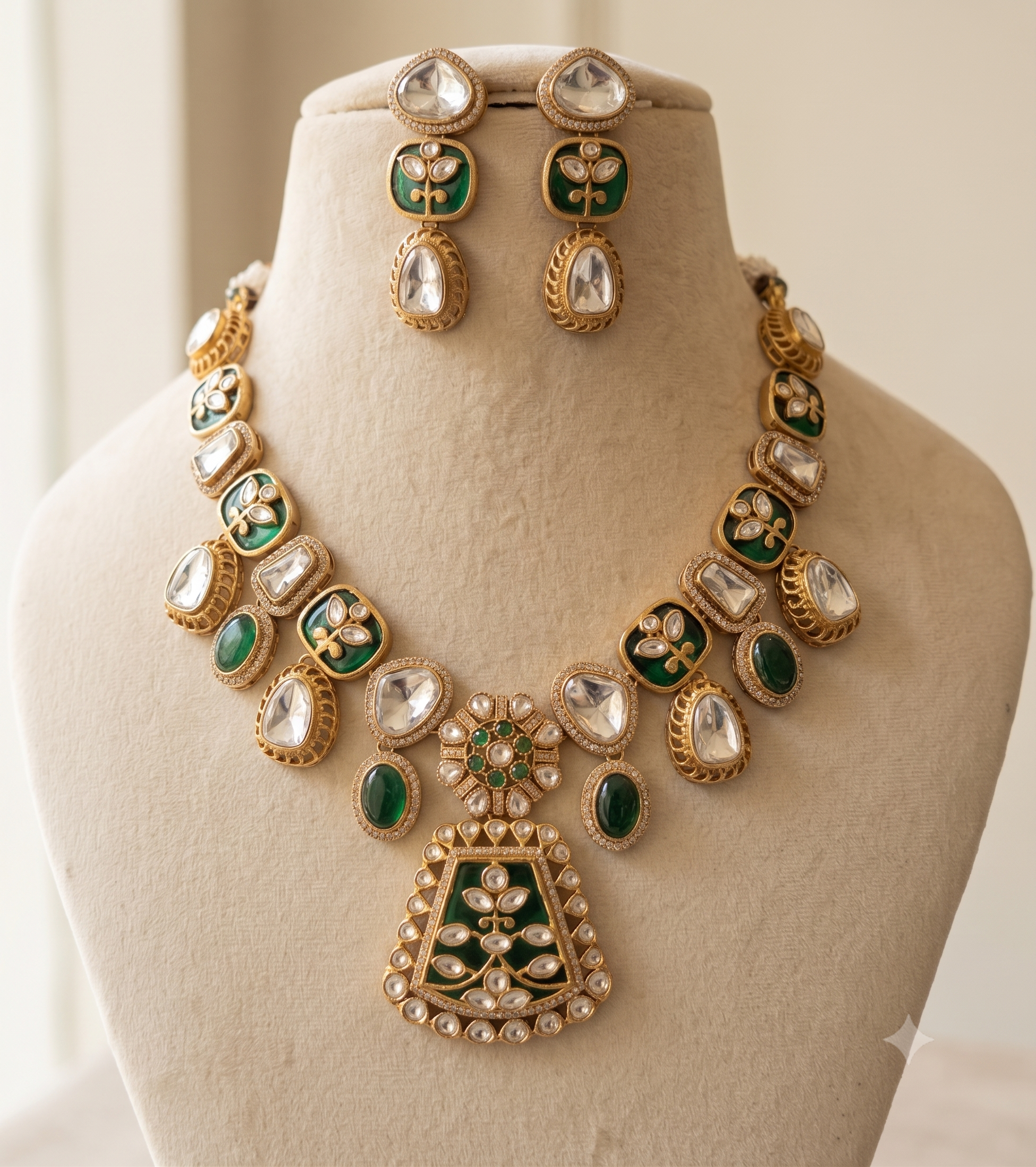 Ramsha Emerald Green and Gold Kundan Style Necklace Set Roz Jewellers.