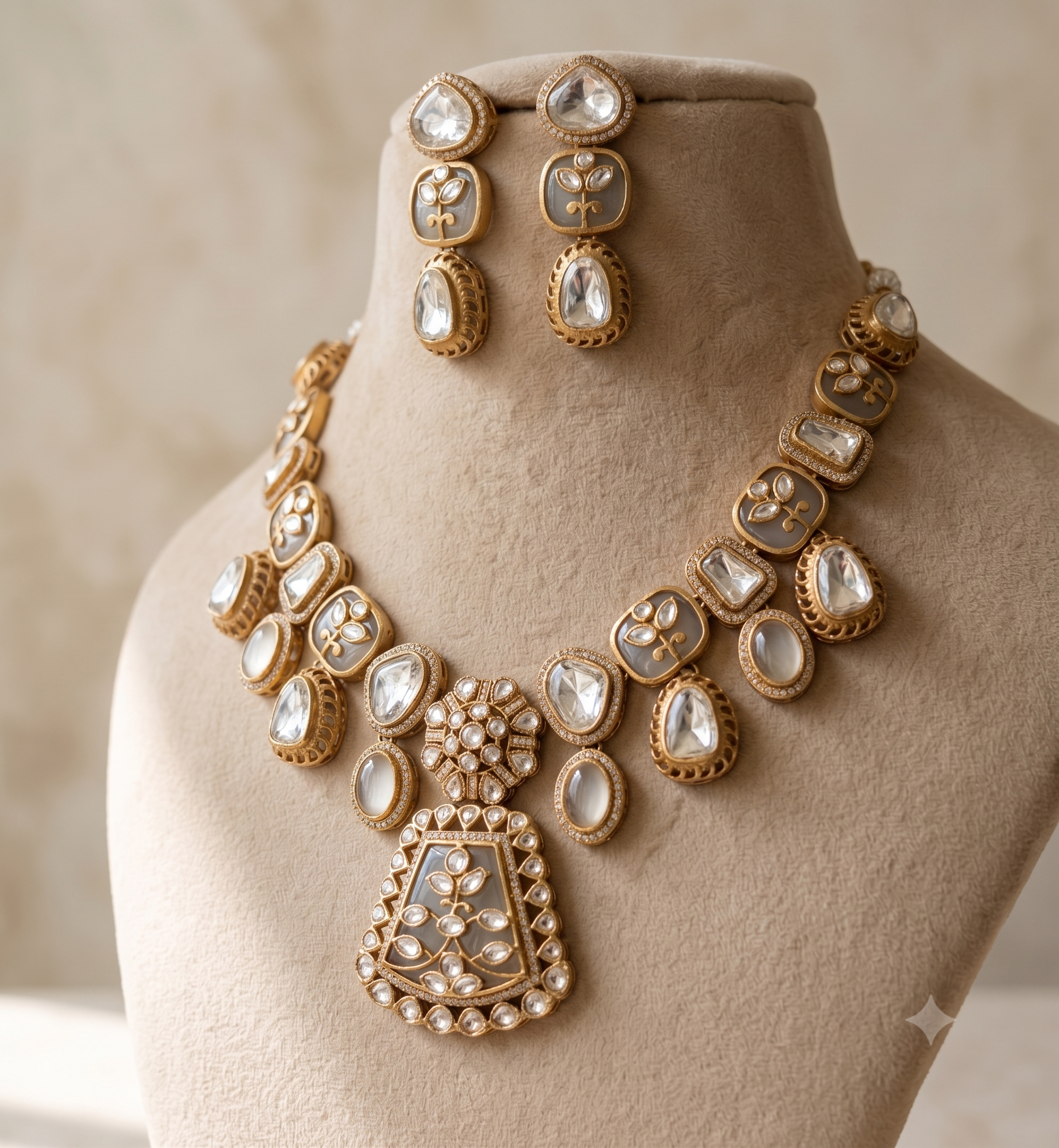 Simran Pakistani White and Gold Kundan Style Necklace Set Roz Jewellers.