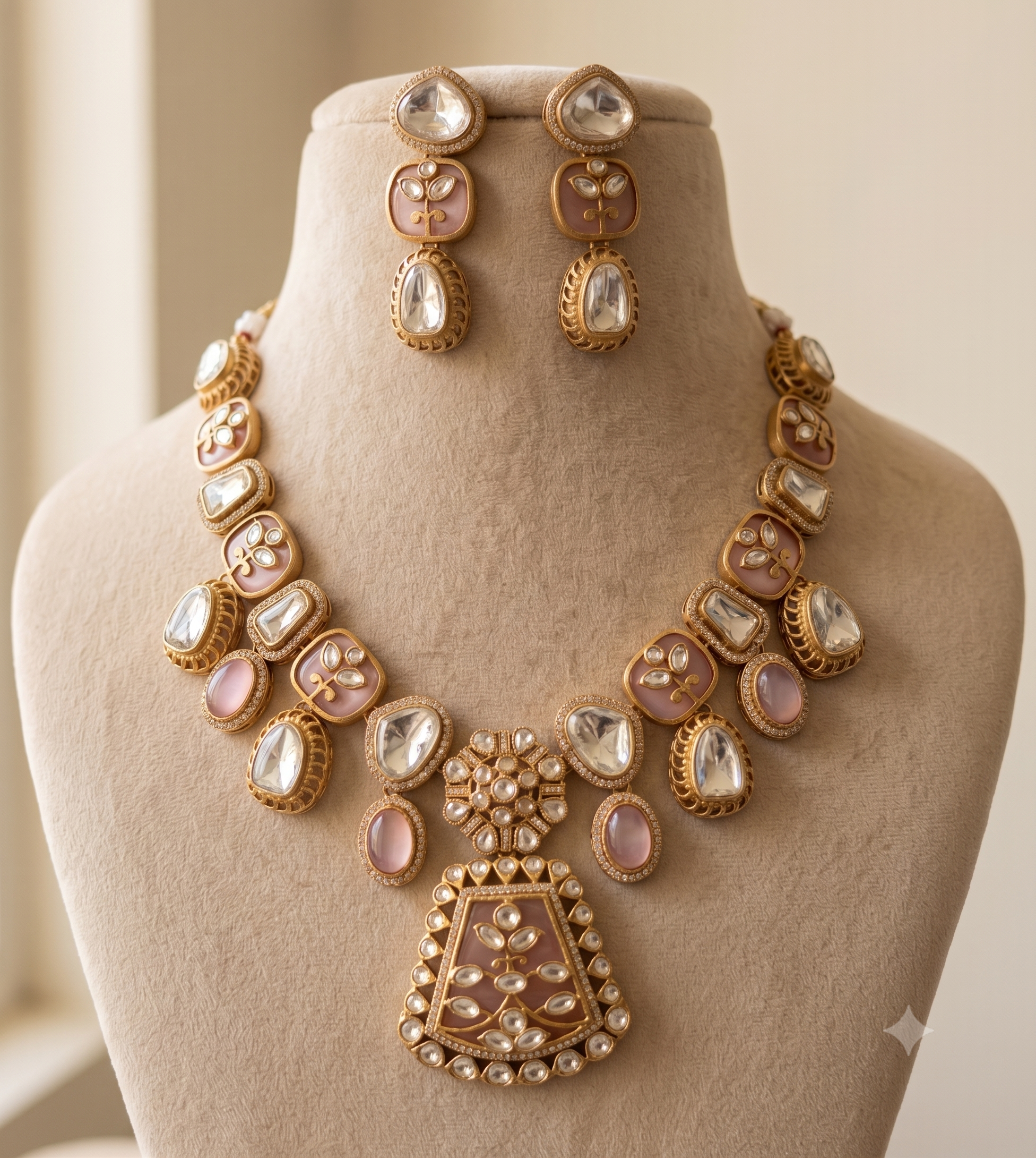 Anusha Traditional Blush Pink and Gold Kundan Style Necklace Set Roz Jewellers.