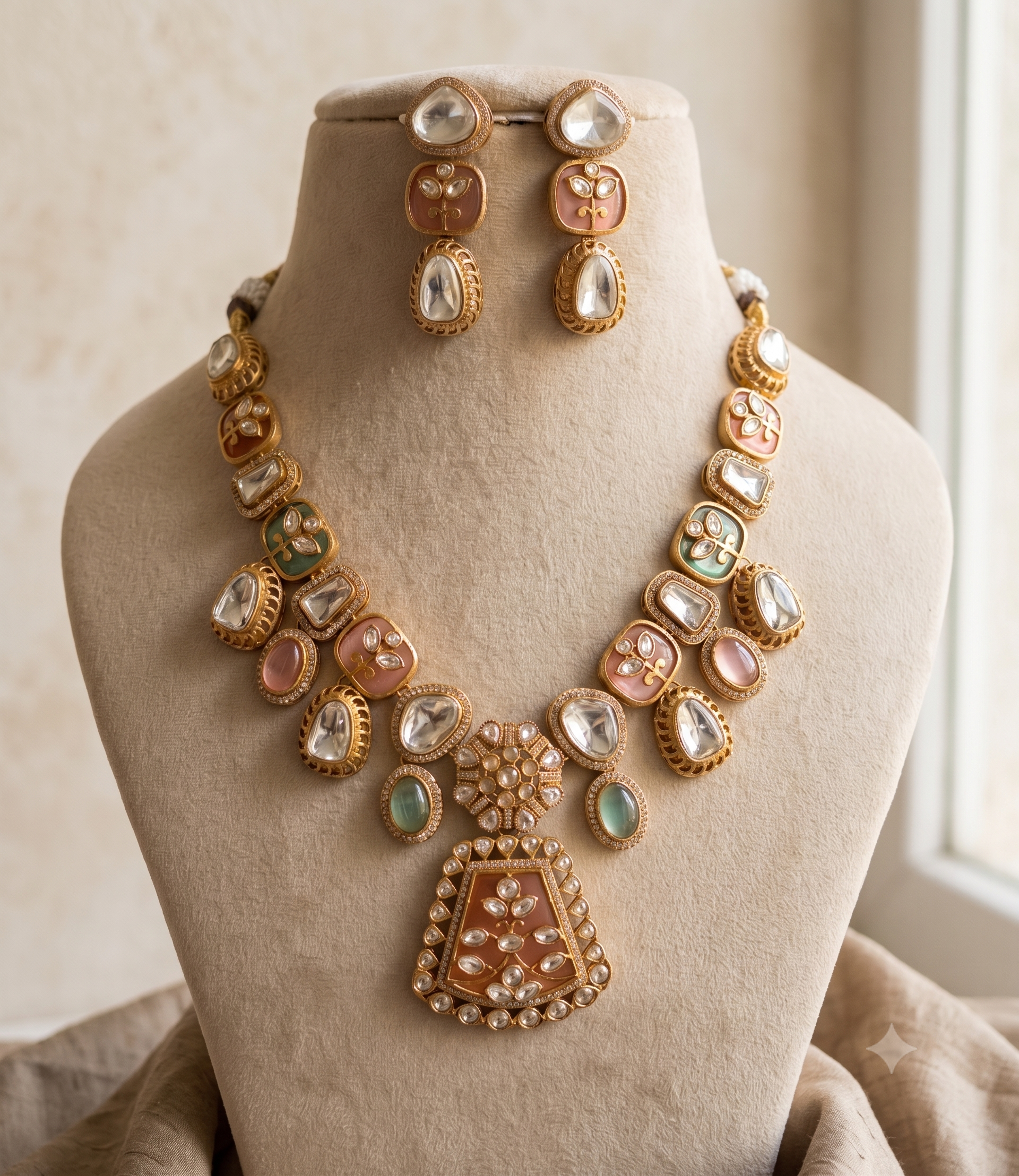 Zunaira Traditional Indian Aqua Kundan Inspired Necklace Set Roz Jewellers.