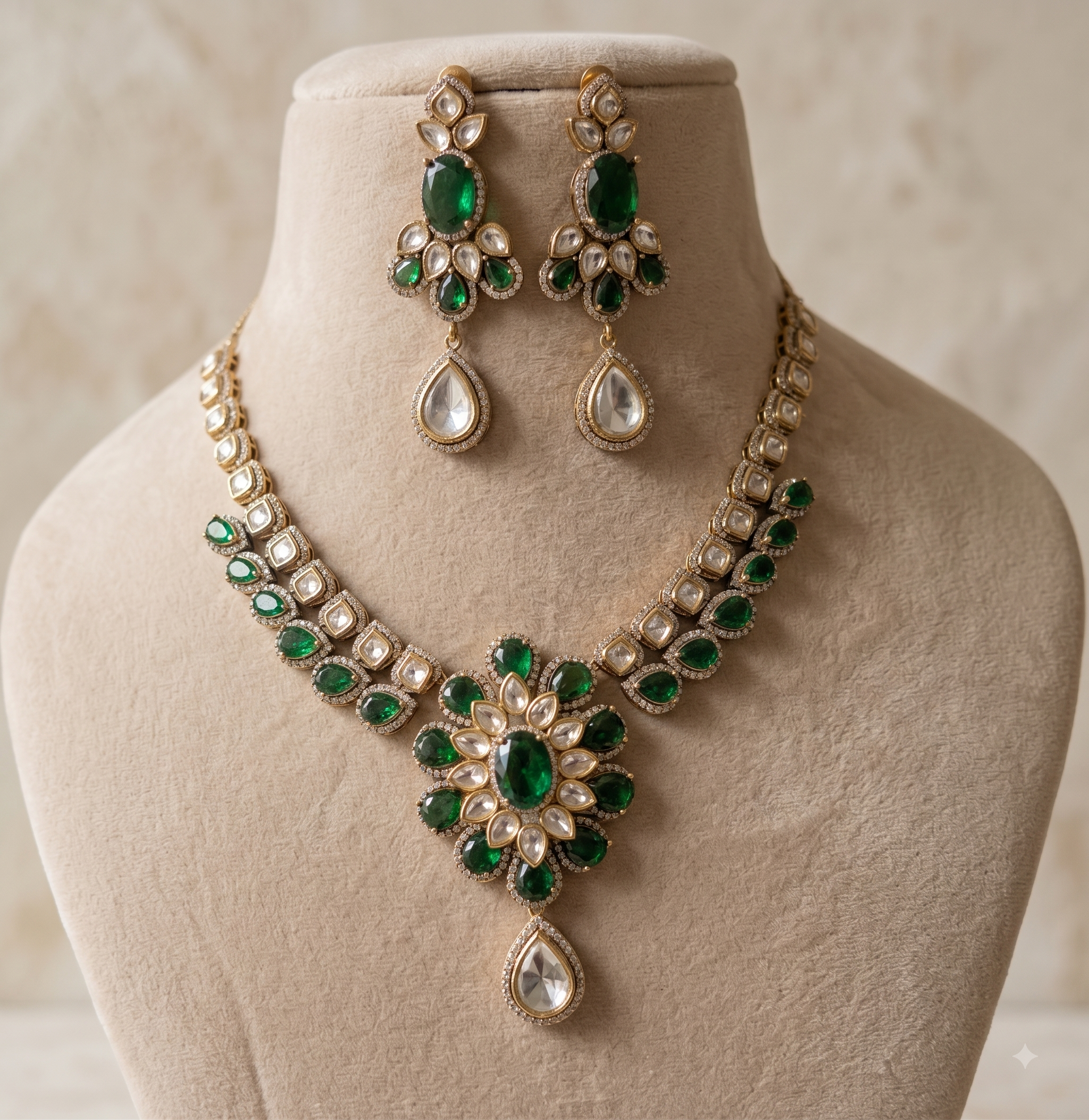Mahiba Pakistani Green Emerald Kundan Necklace Set Roz Jewellers.