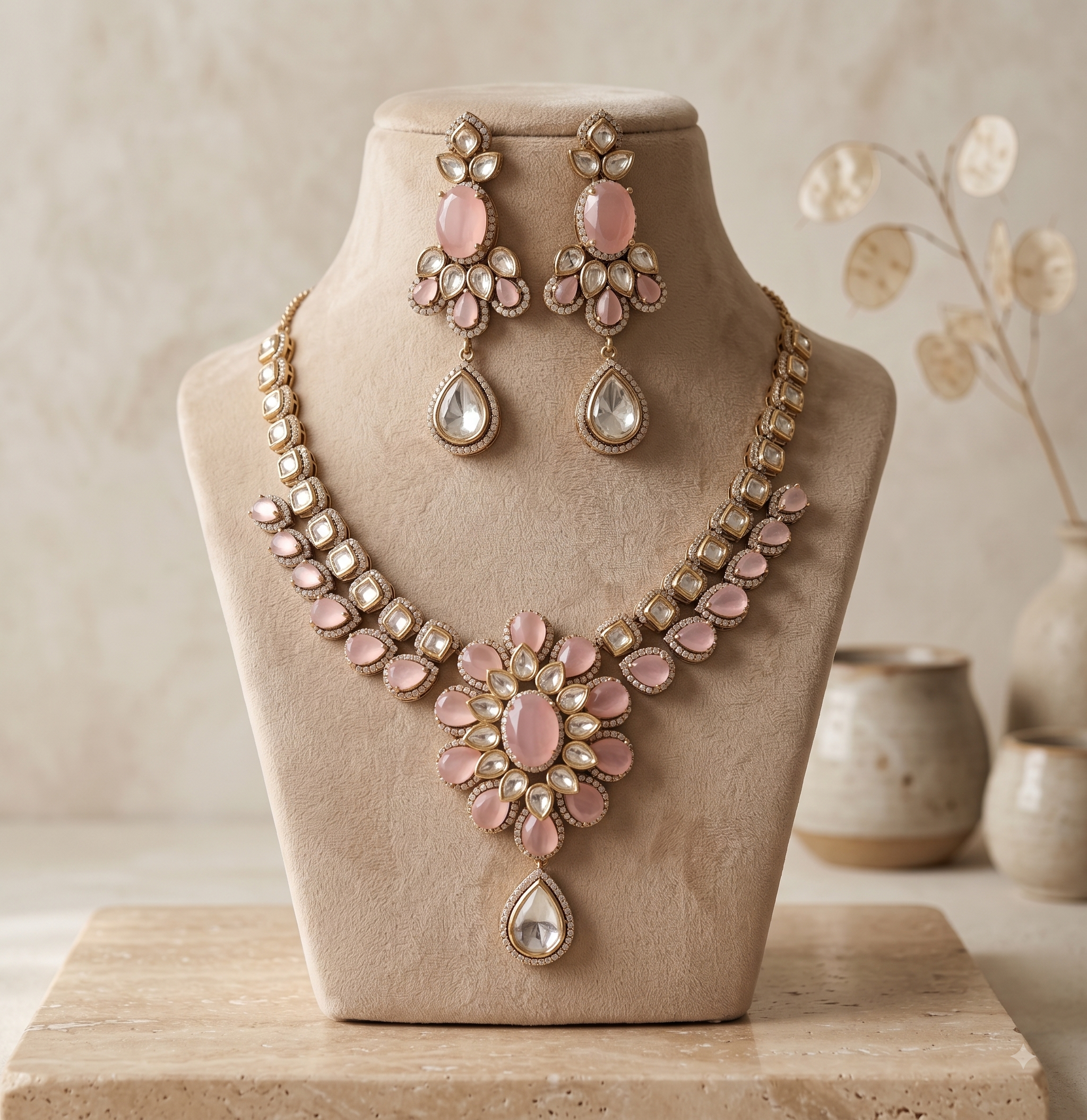 Safiya Traditional Pink Stone Kundan Necklace Set Roz Jewellers.