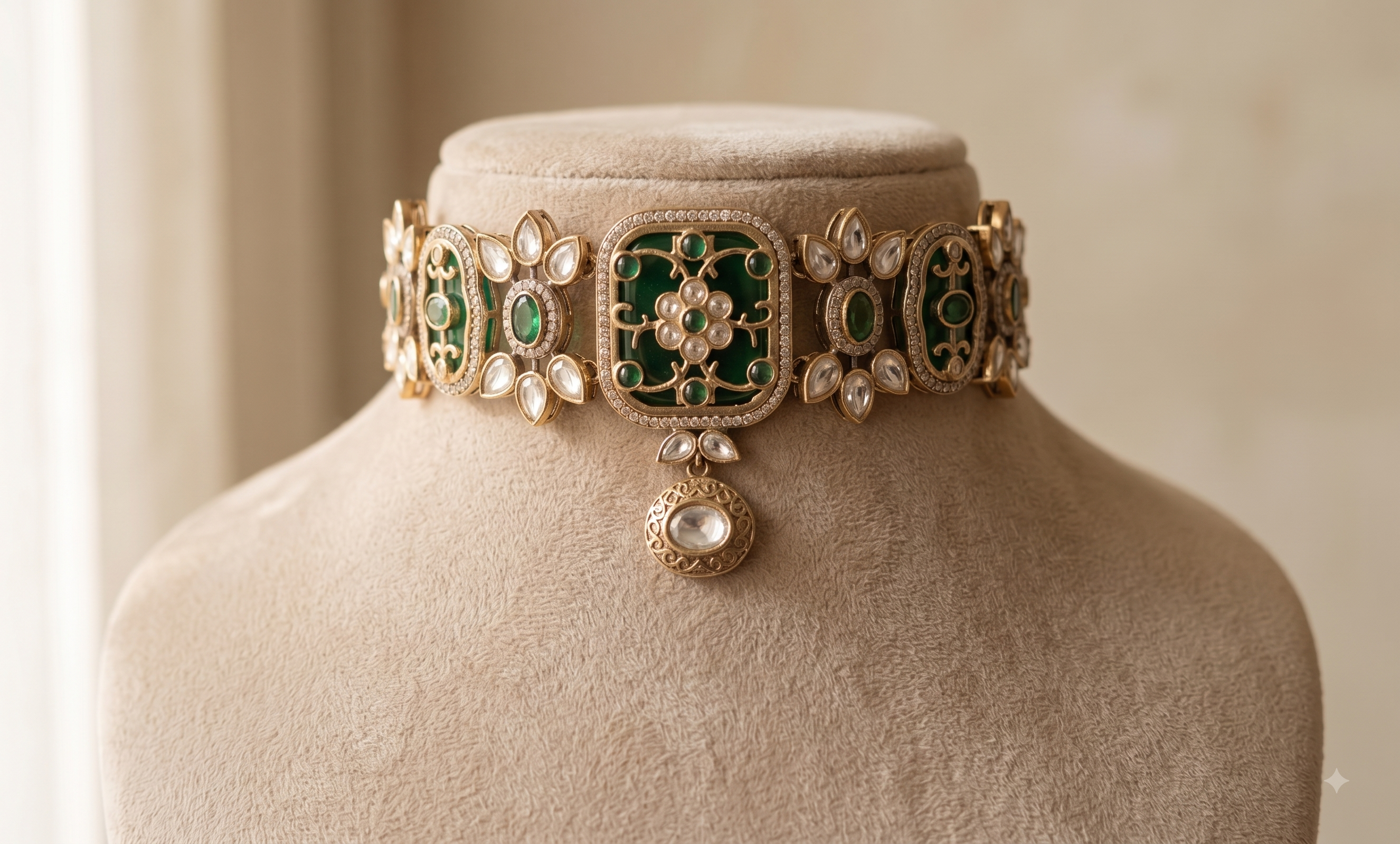 Ayzel Reception Emerald Kundan Choker Set With Matching Earrings Roz Jewellers.