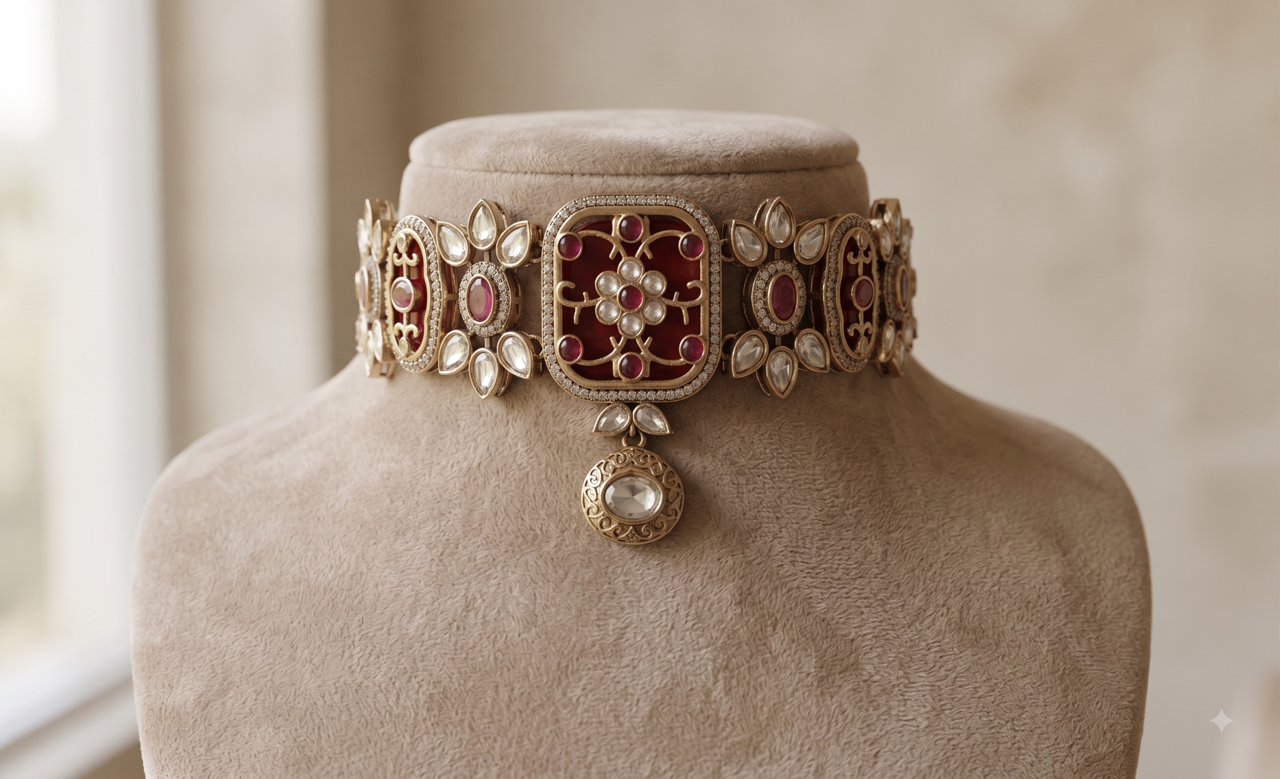 Sehr Classic Red Kundan Choker Set With Matching Earrings Roz Jewellers.