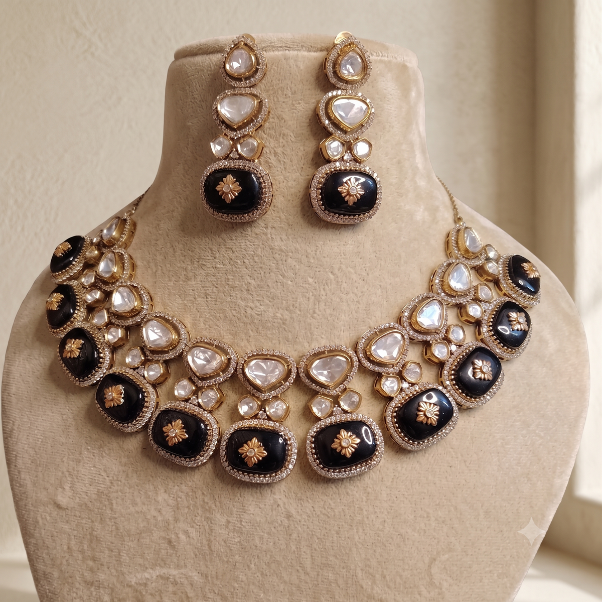 Regal Black Moissanite Floral Drop Necklace for Women Roz Jewellers.