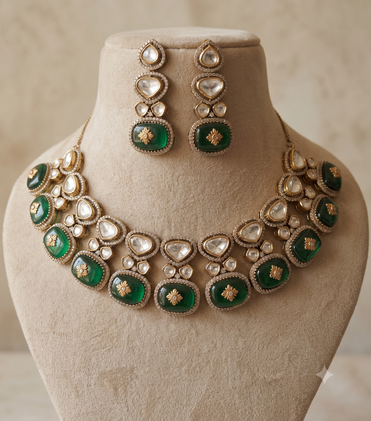Bollywood Emerald Moissanite Floral Drop Necklace for Women Roz Jewellers.
