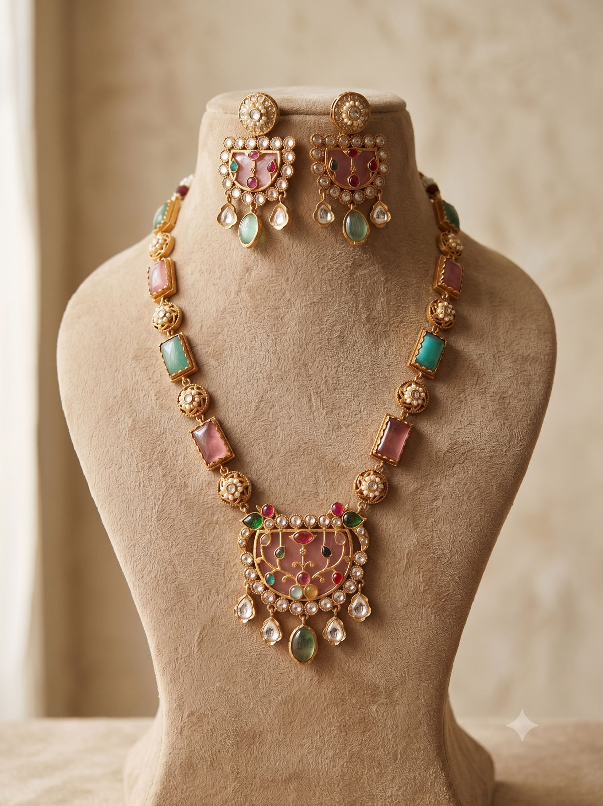 Traditional Moissanite Pastel Pink, Mint Green Long Necklace Set Roz Jewellers.