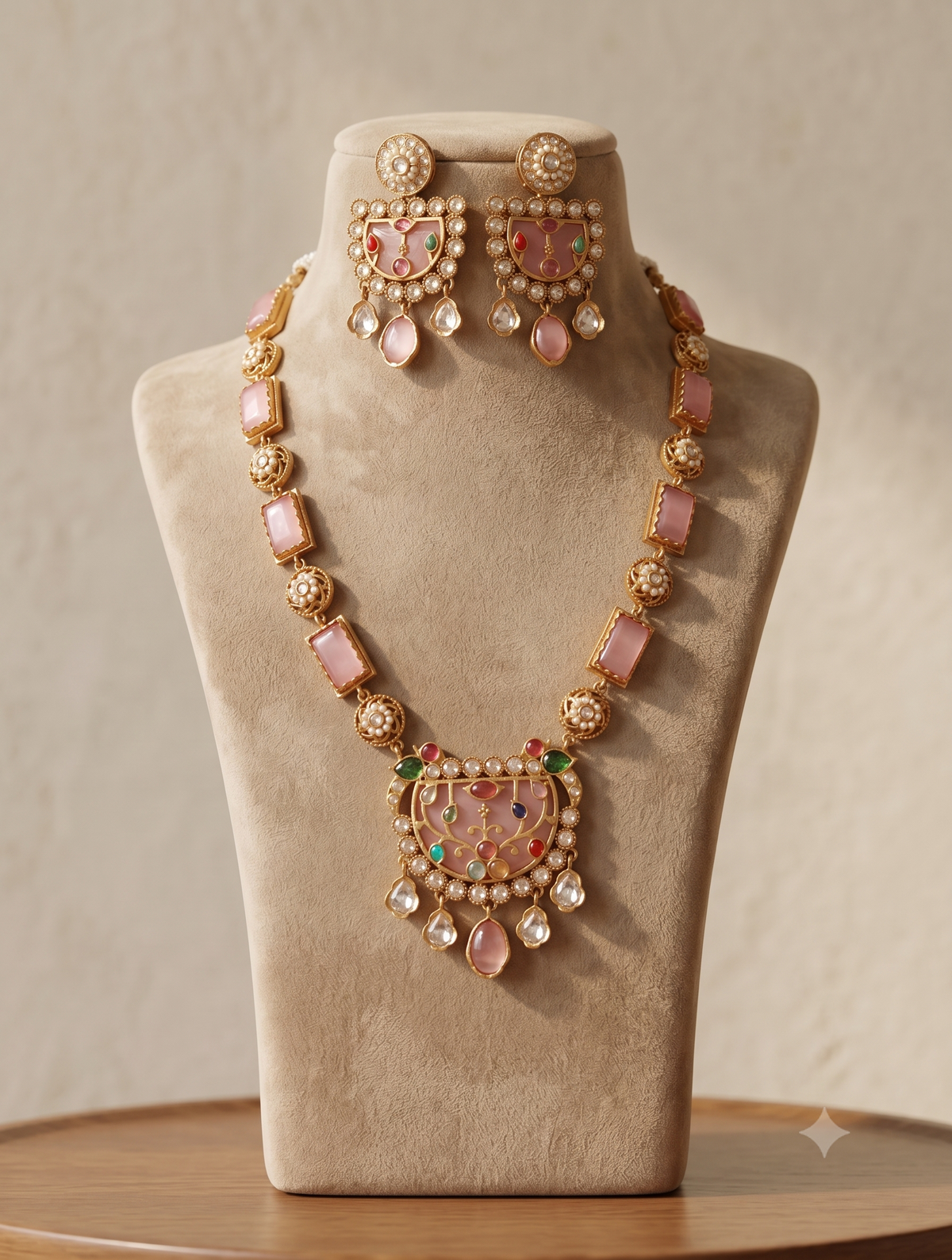 Gold-Plated Moissanite Blush Pink Long Necklace Set for Women Roz Jewellers.