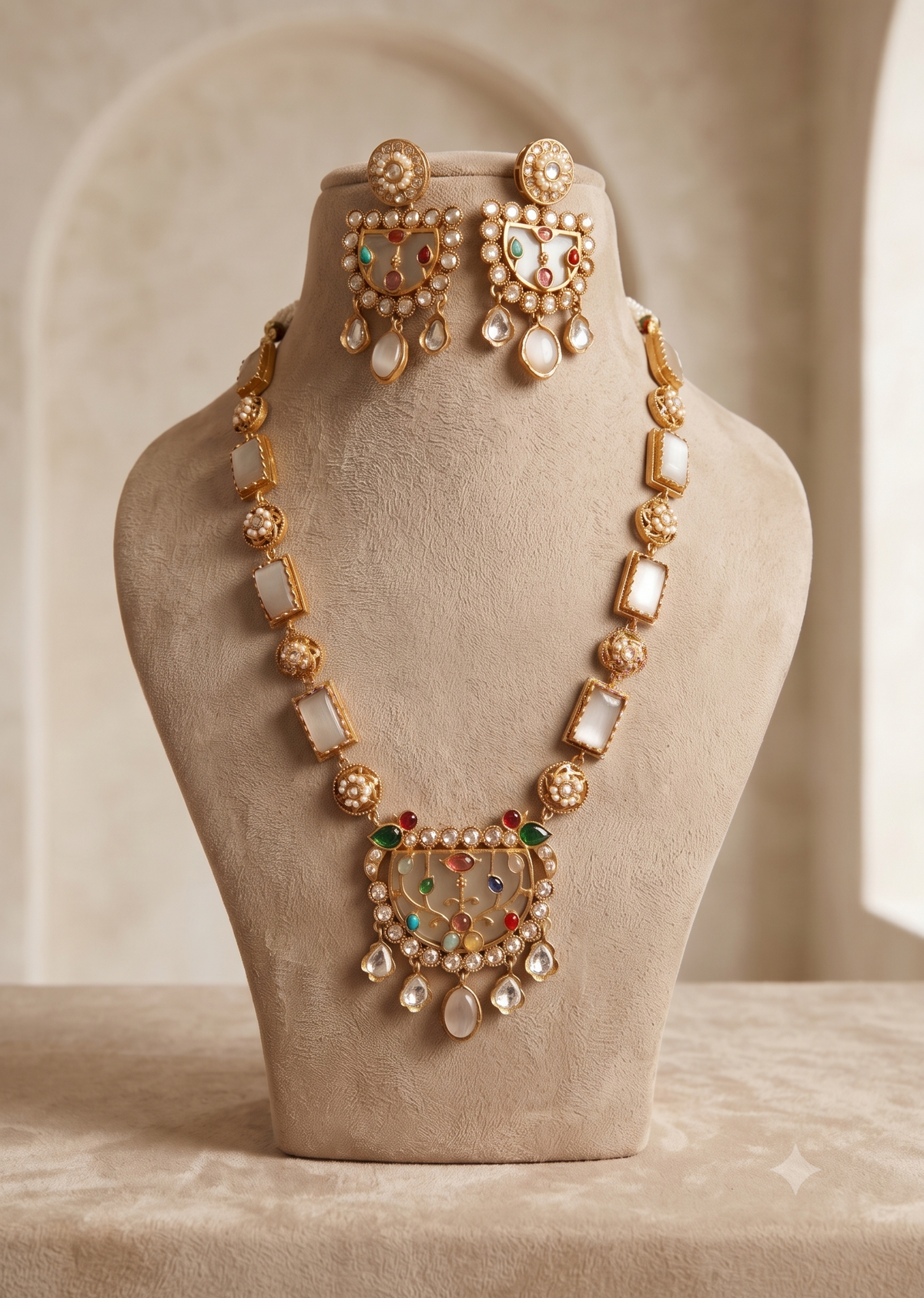 Gold-Plated Moissanite Gray Long Necklace Set for Women Jewellery Roz Jewellers.