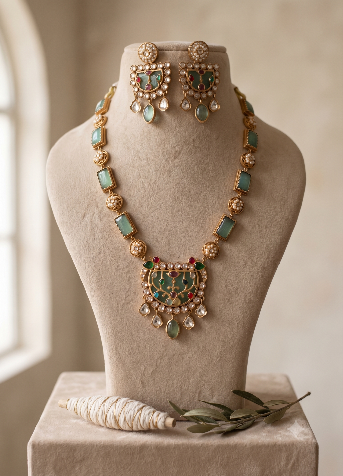 Gold-Plated Moissanite Blue Long Necklace Set for Women Jewellery Roz Jewellers.