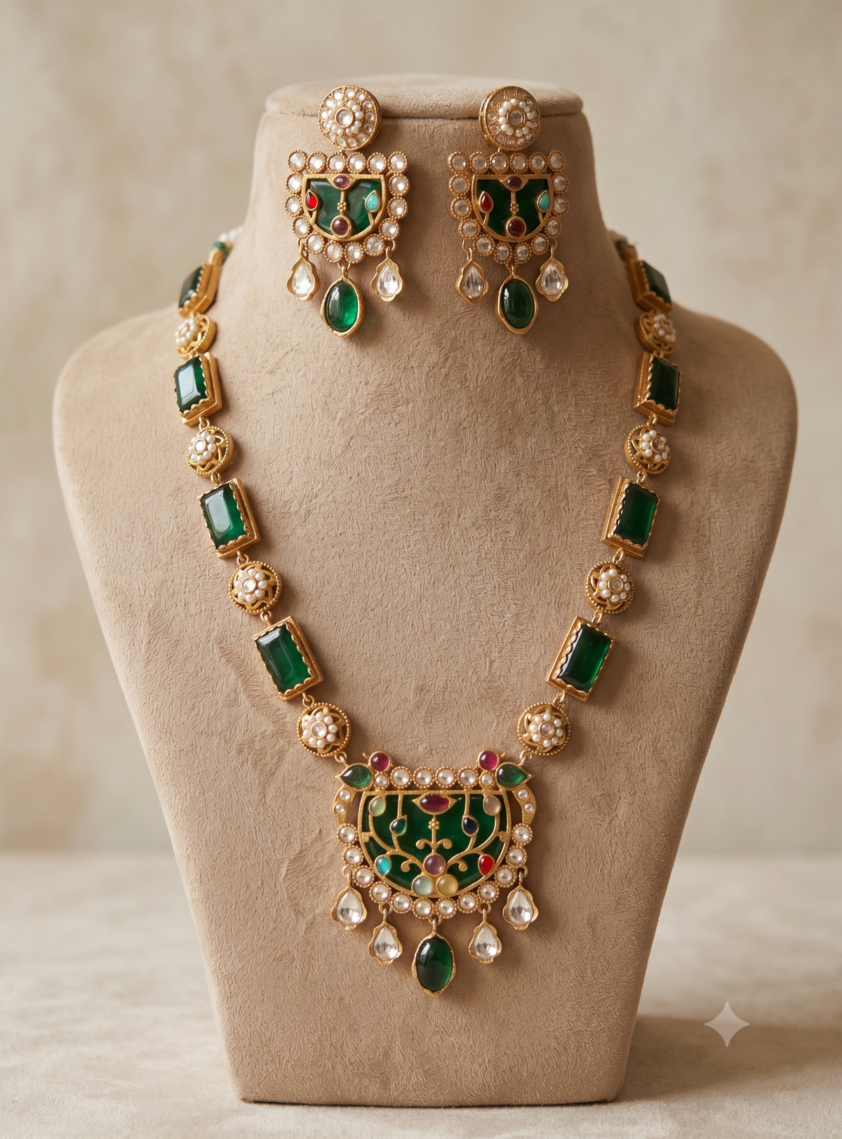 Gold-Plated Emerald Moissanite Long Necklace Set for Women Roz Jewellers.