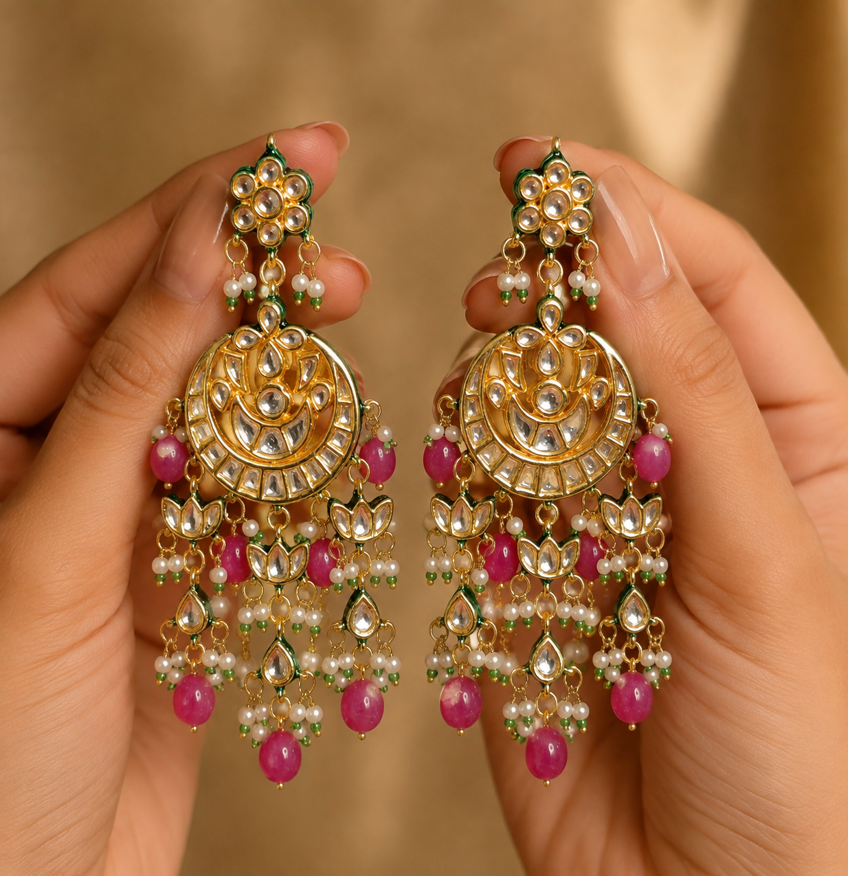 Exquisite Kundan and Pink Bead Crescent Earrings for Women Roz Jewellers