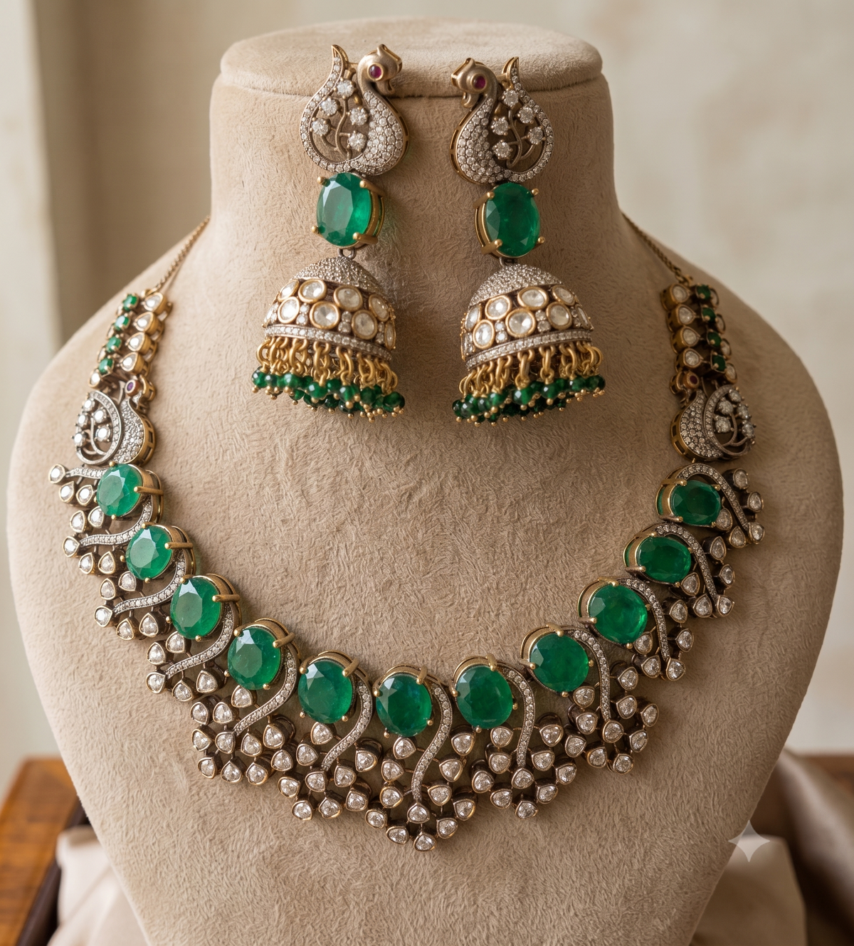 Gold-Plated Moissanite Emerald Stones Set with Matching Earrings Roz Jeweller.