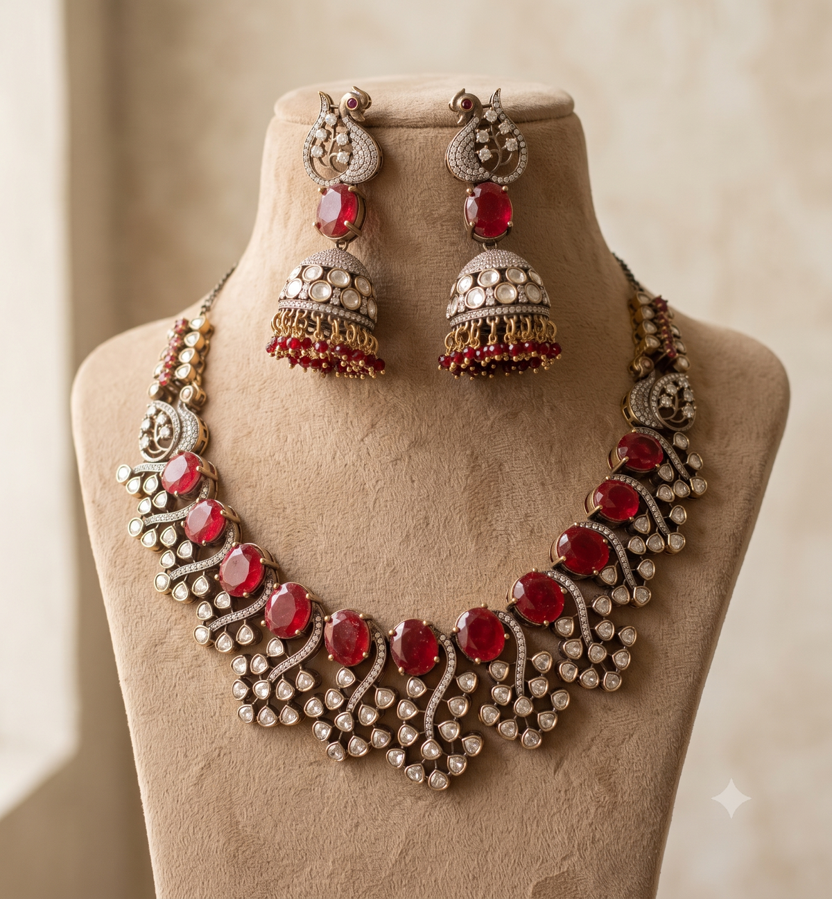 Gold-Plated Moissanite Ruby Stones Set with Matching Earrings Roz Jeweller.