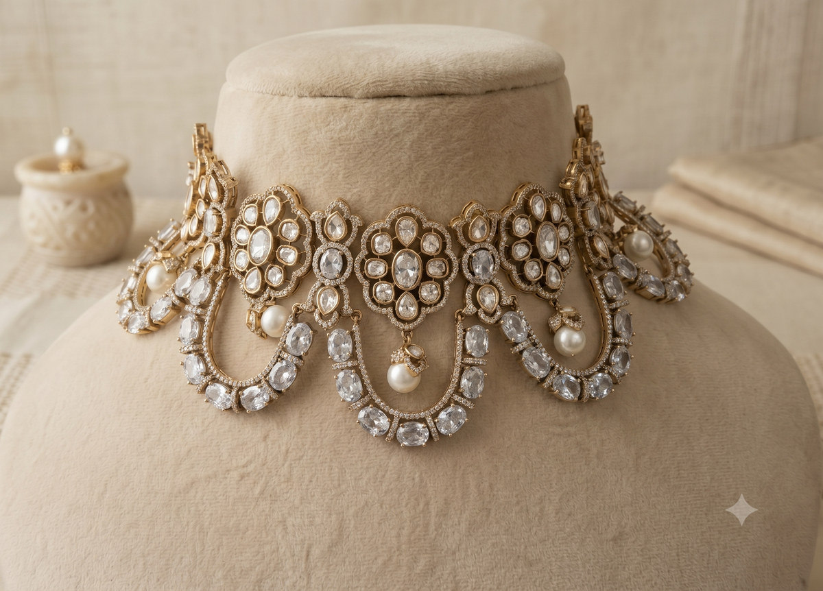 White Moissanite Choker Necklace Bridal Wedding Jewellery Luxury Statement Set.