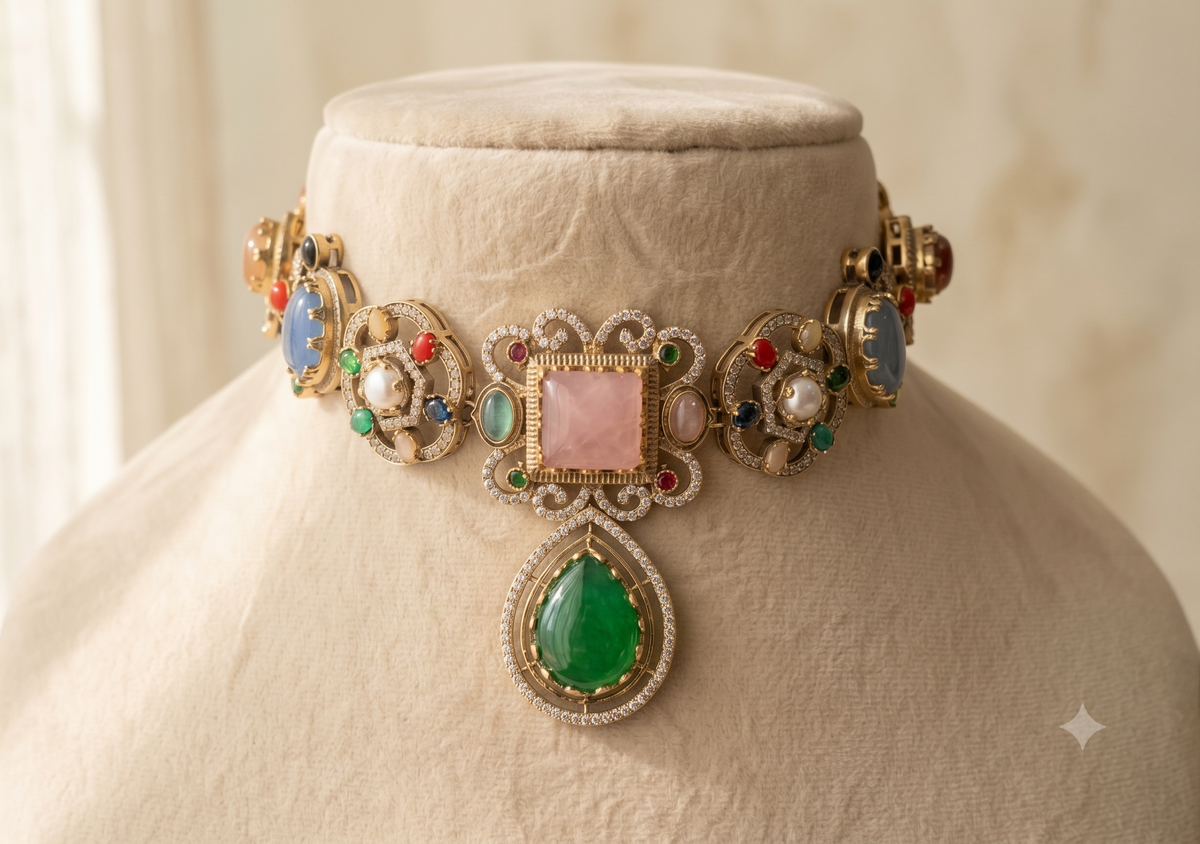Emerald Multicolour Moissanite Choker Necklace Indian Bridal Wedding Jewellery Roz Jewellers