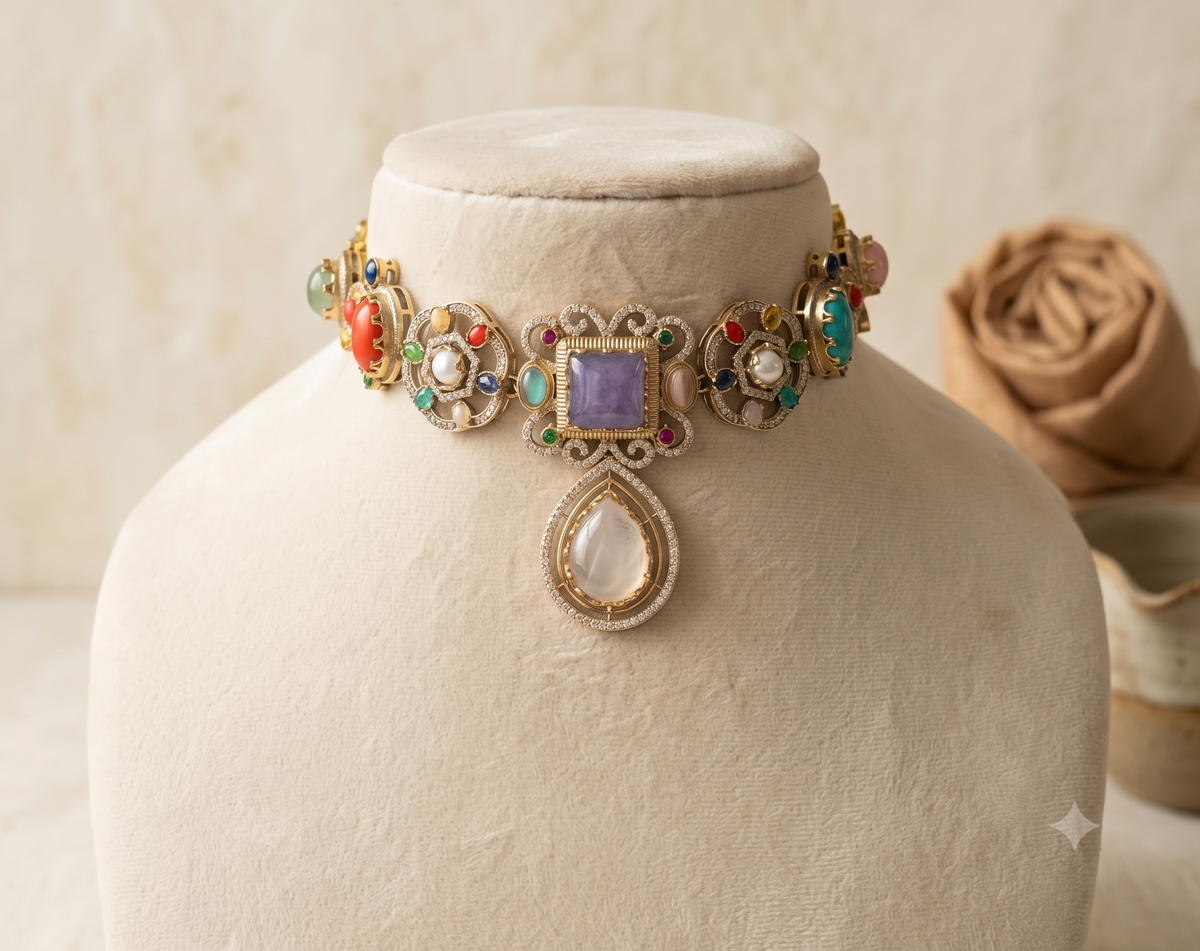 Elegant White Moissanite Multicolour Choker Necklace Wedding Ethnic Jewellery