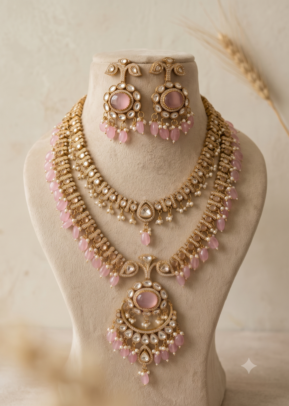Indian Bridal Blush Pink Moissanite Necklace Set Traditional Wedding Earrings Roz Jewellers
