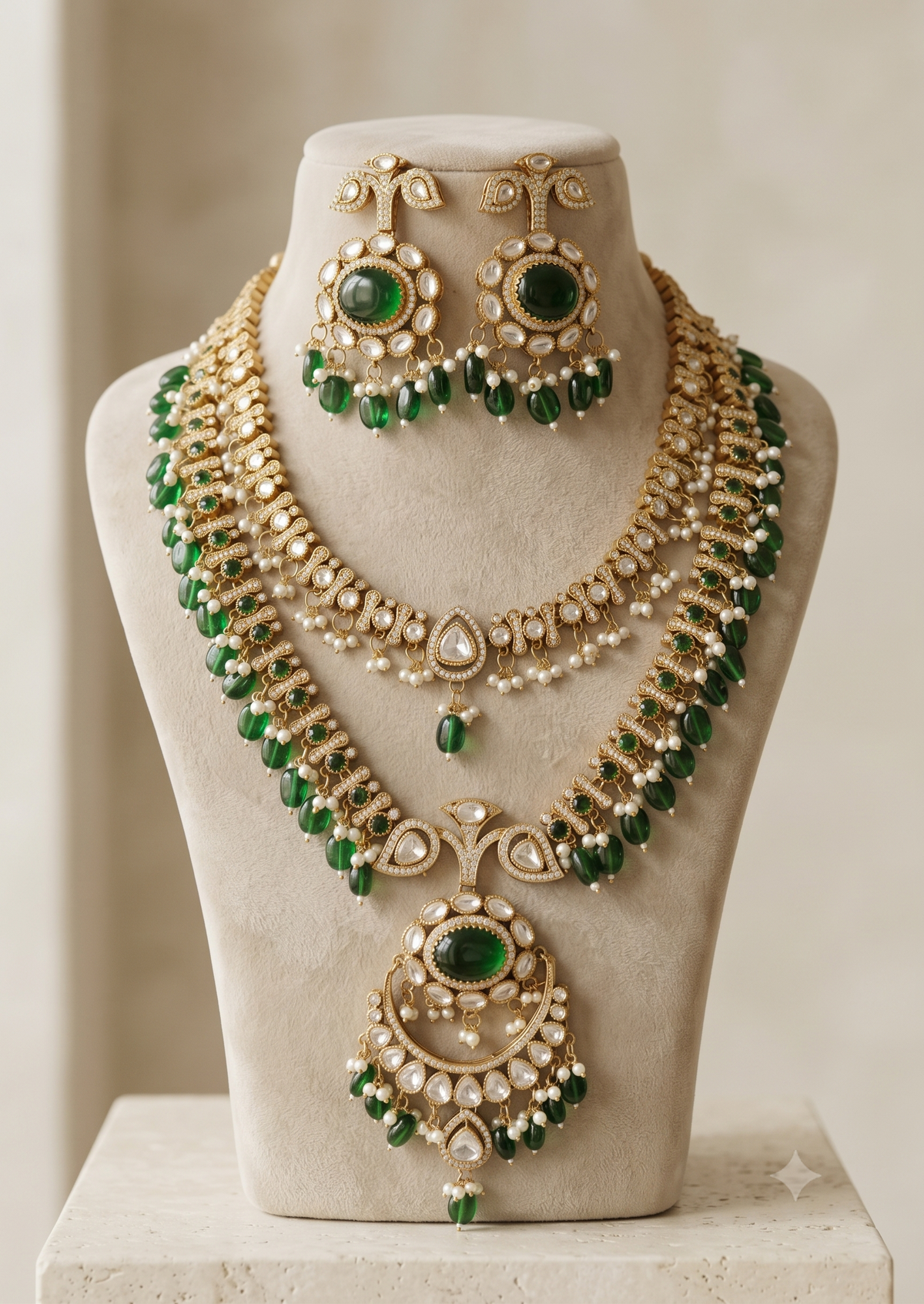 Luxury Emerald Moissanite Indian Necklace Set Bridal Wedding Jewelry Earrings Roz Jewellers