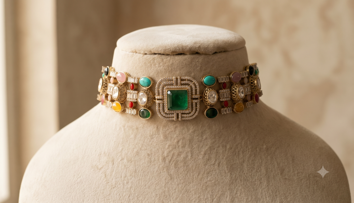 Emerald Green Indian Bridal Moissanite Choker Necklace Luxury Wedding Women Roz Jewellers