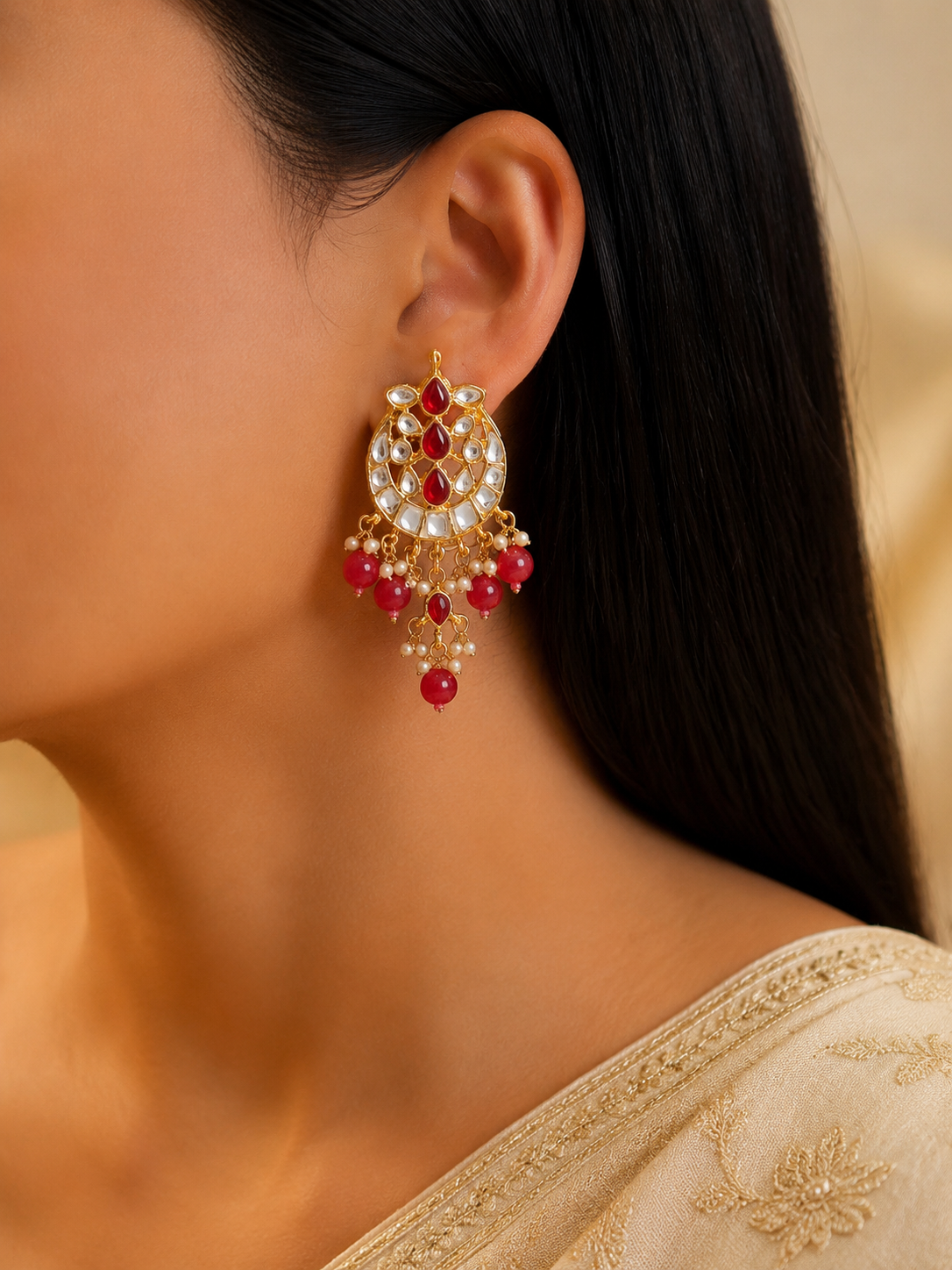 Arfa Pakistani Bridal Layered Ruby Kundan Pearl Choker Necklace Set Roz Jeweller