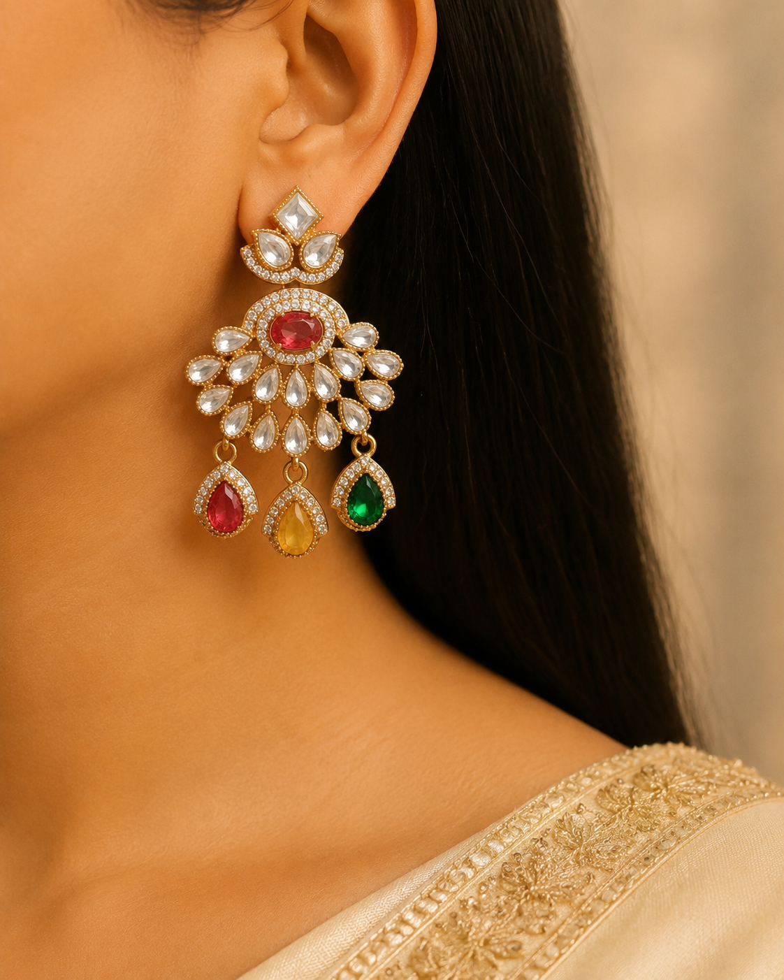 Layla Bollywood New Kundan Moissanite Stone Necklace Earrings Jewelry Party Wear Bridal Set Roz Jewellers