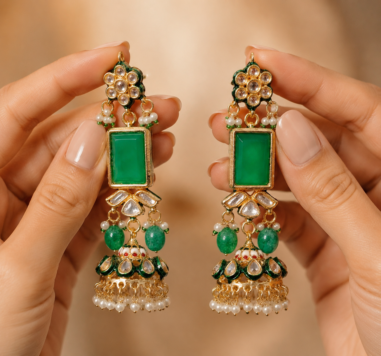 Pakistani Luxury Style Emerald Kundan Danglers Roz Jewellers