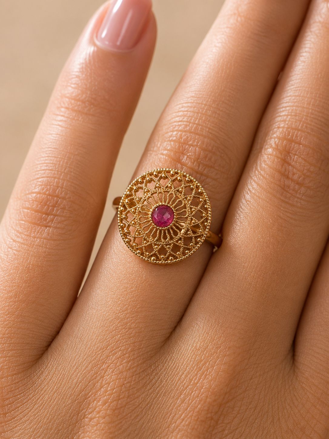 Madhubala Handcrafted Ruby Filigree Polki Gold Ring Roz Jewellers.