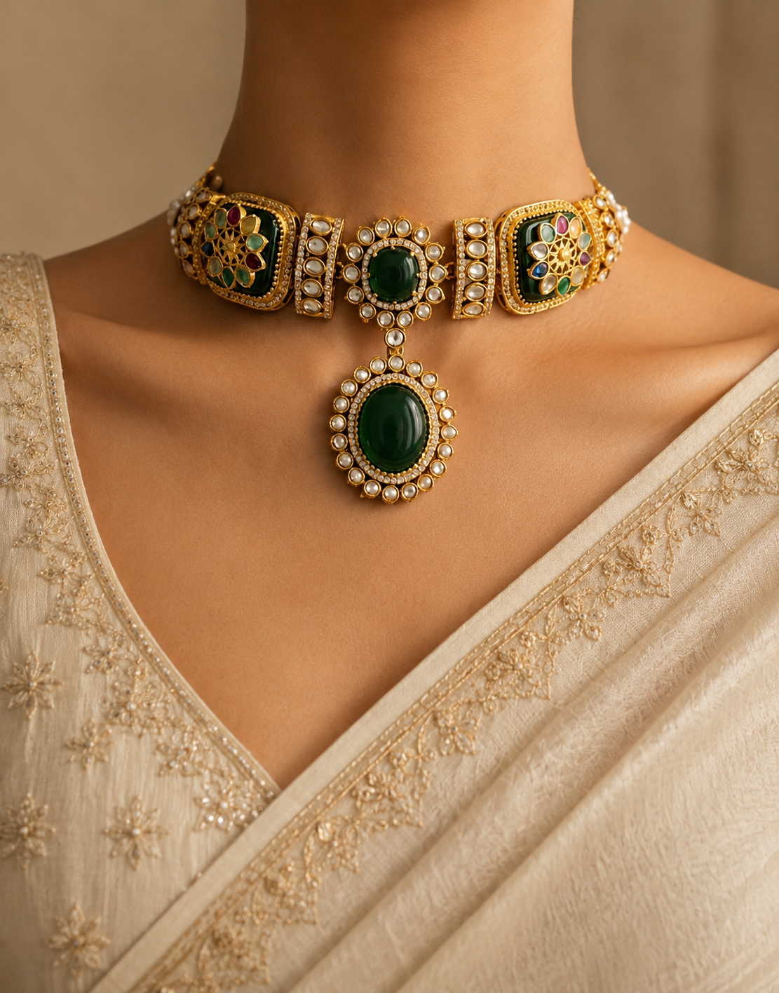Amina Multicolour Emerald Handmade Kundan Choker Set Roz Jewellers.