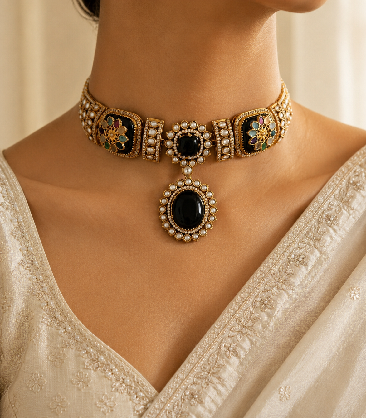 Latifa Black Stone Handmade Kundan Choker Set Roz Jewellers.