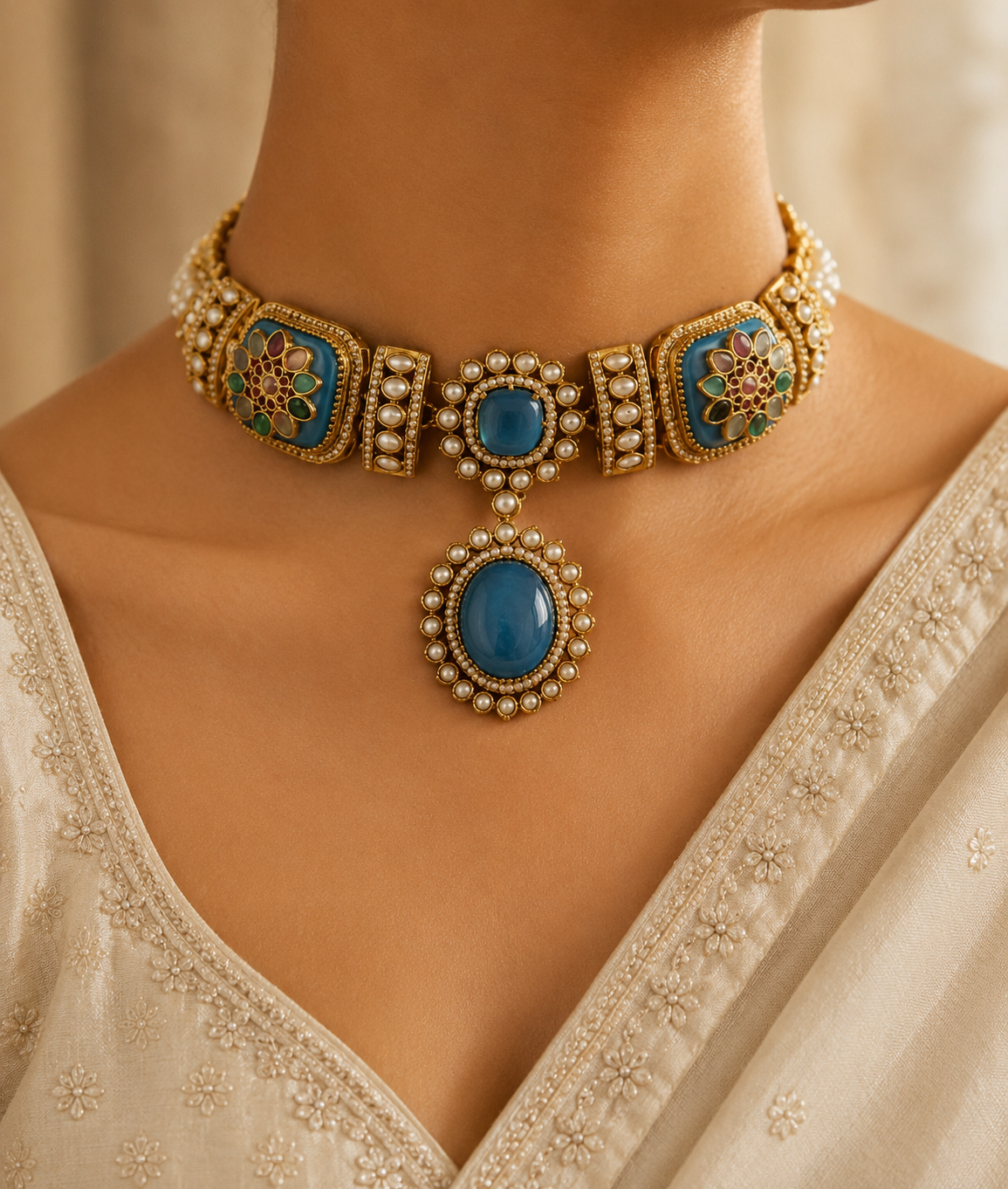 Hessa Floral Kundan with Pearl Accents Choker Set Roz Jewellers.