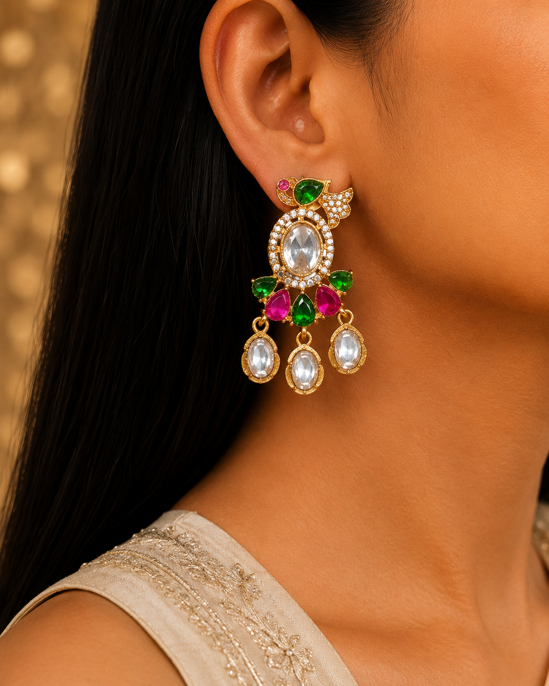 Dana Emerald Ruby Studded Multi Strand Pearl Kundan Choker Set Roz Jewellers.
