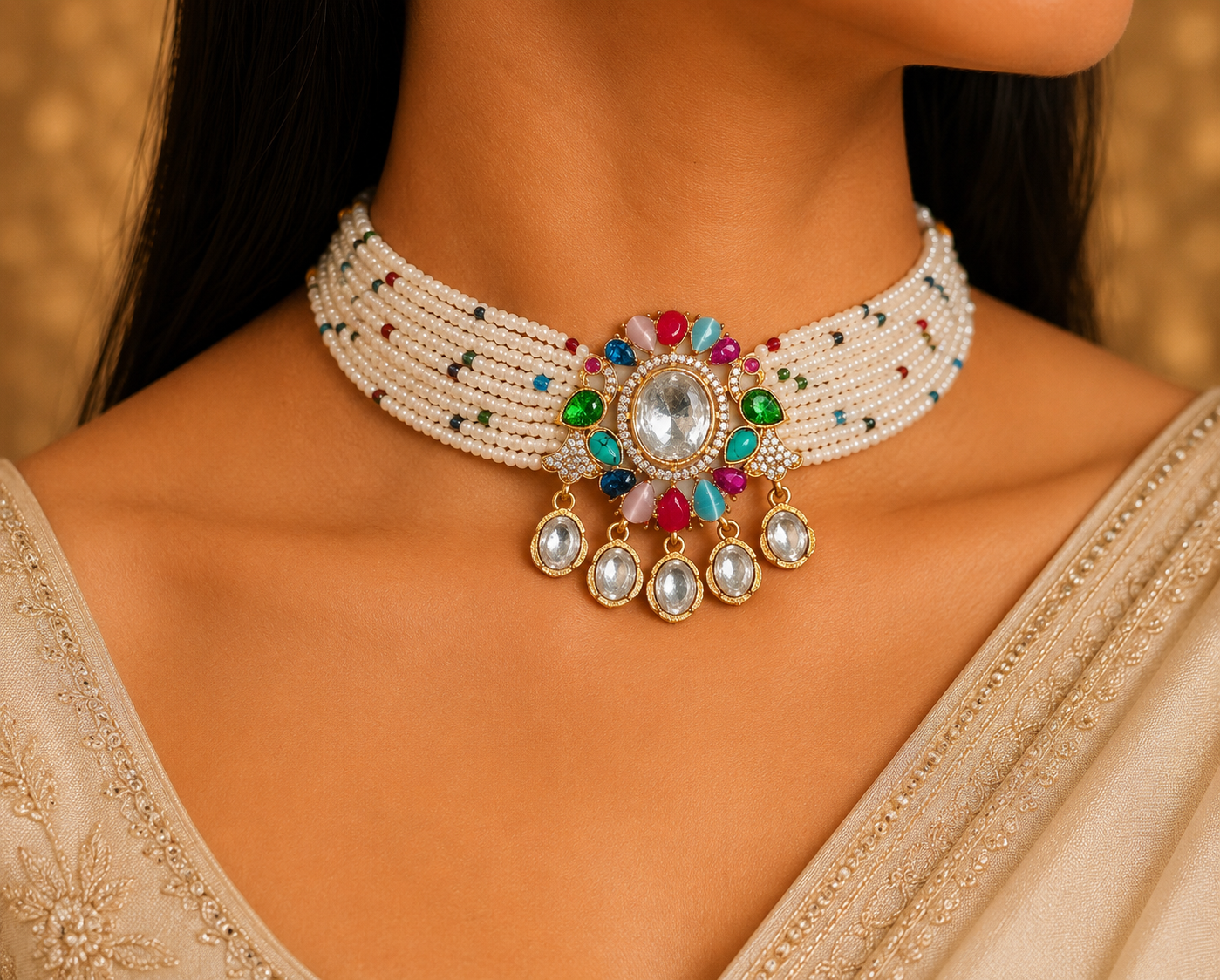 Amira Royal Multicolor Kundan Pearl Choker Necklace Set Roz Jewellers.