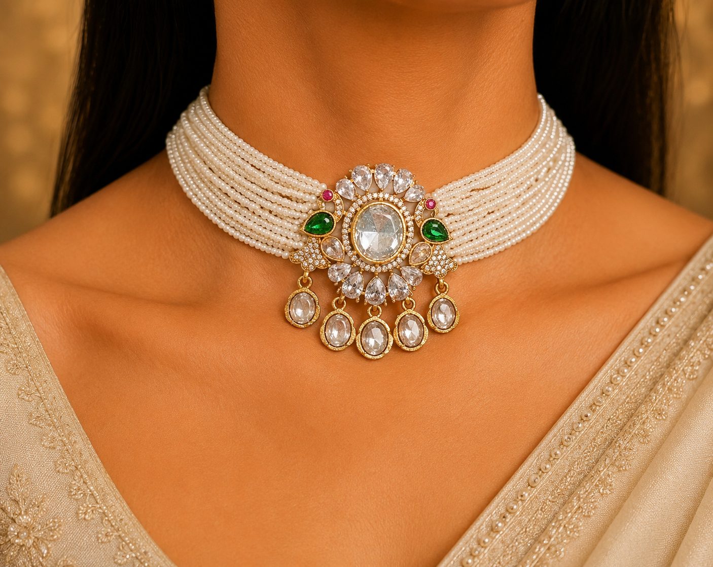 Maha Classic White Kundan Pearl Bridal Choker Necklace Set Roz Jewellers.