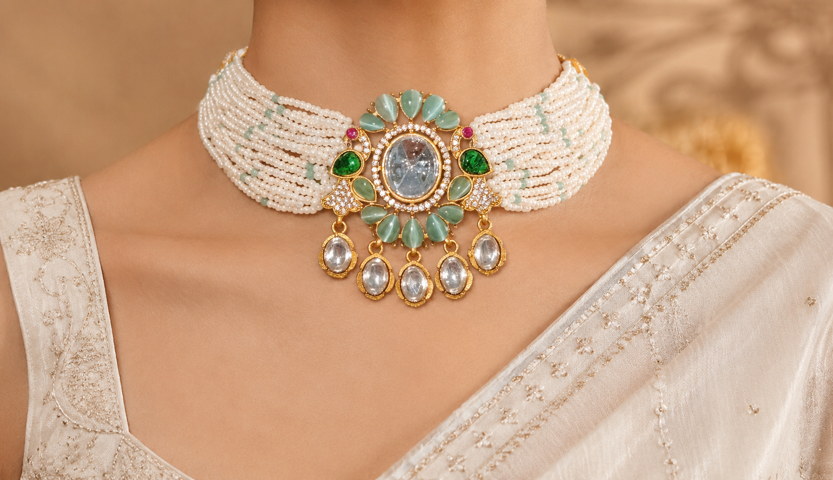 Reem Modest Mint Green Floral Kundan Pearl Choker Necklace Set Roz Jewellers.