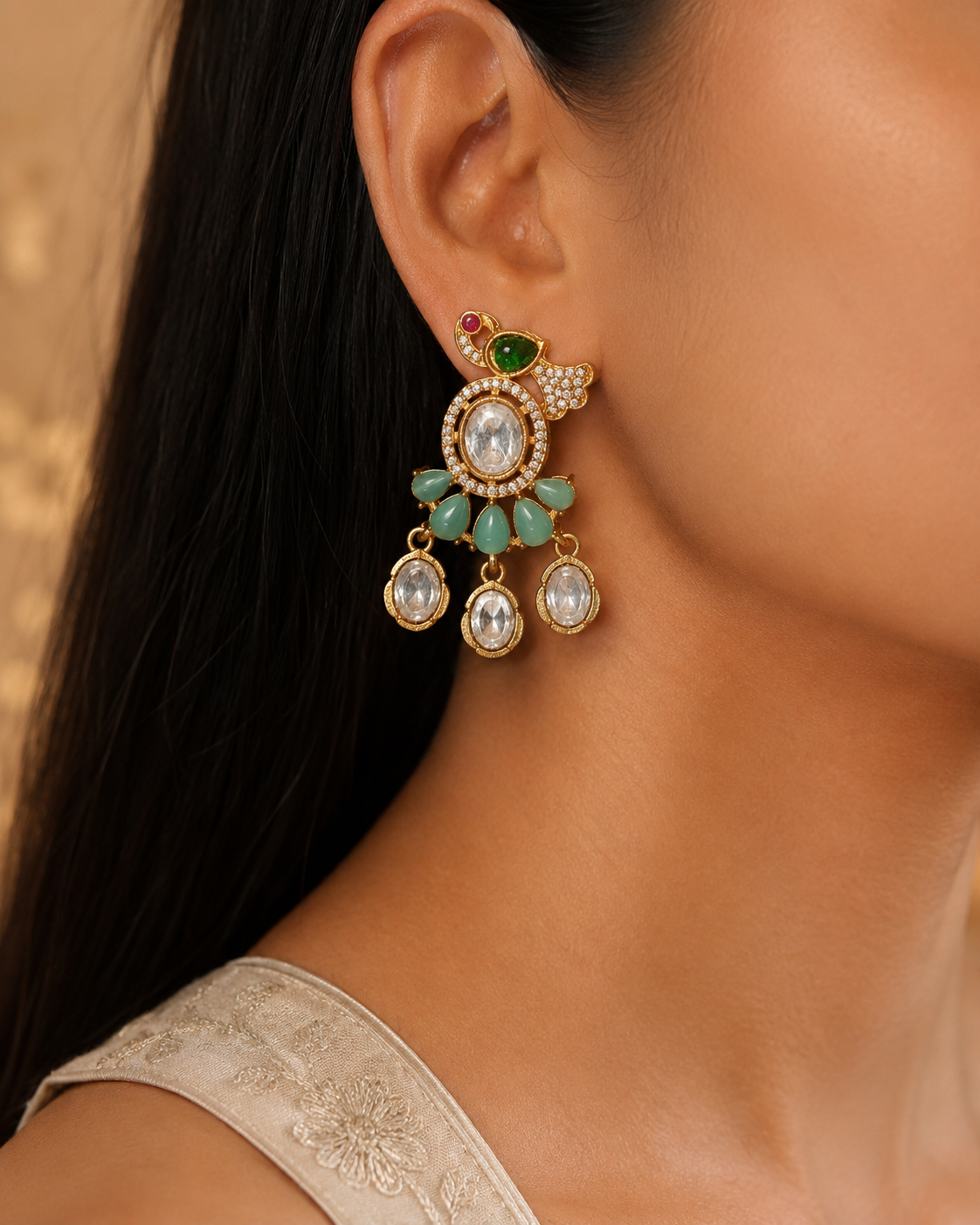 Reem Modest Mint Green Floral Kundan Pearl Choker Necklace Set Roz Jewellers.