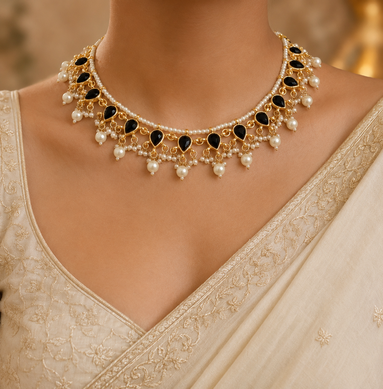 Kundan wedding necklace for women gold plated pearls black stones Mother Jewelry
