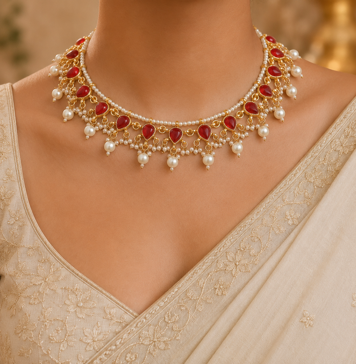 Kundan wedding necklace for women gold plated pearls red stones bridesmaid Jewelry