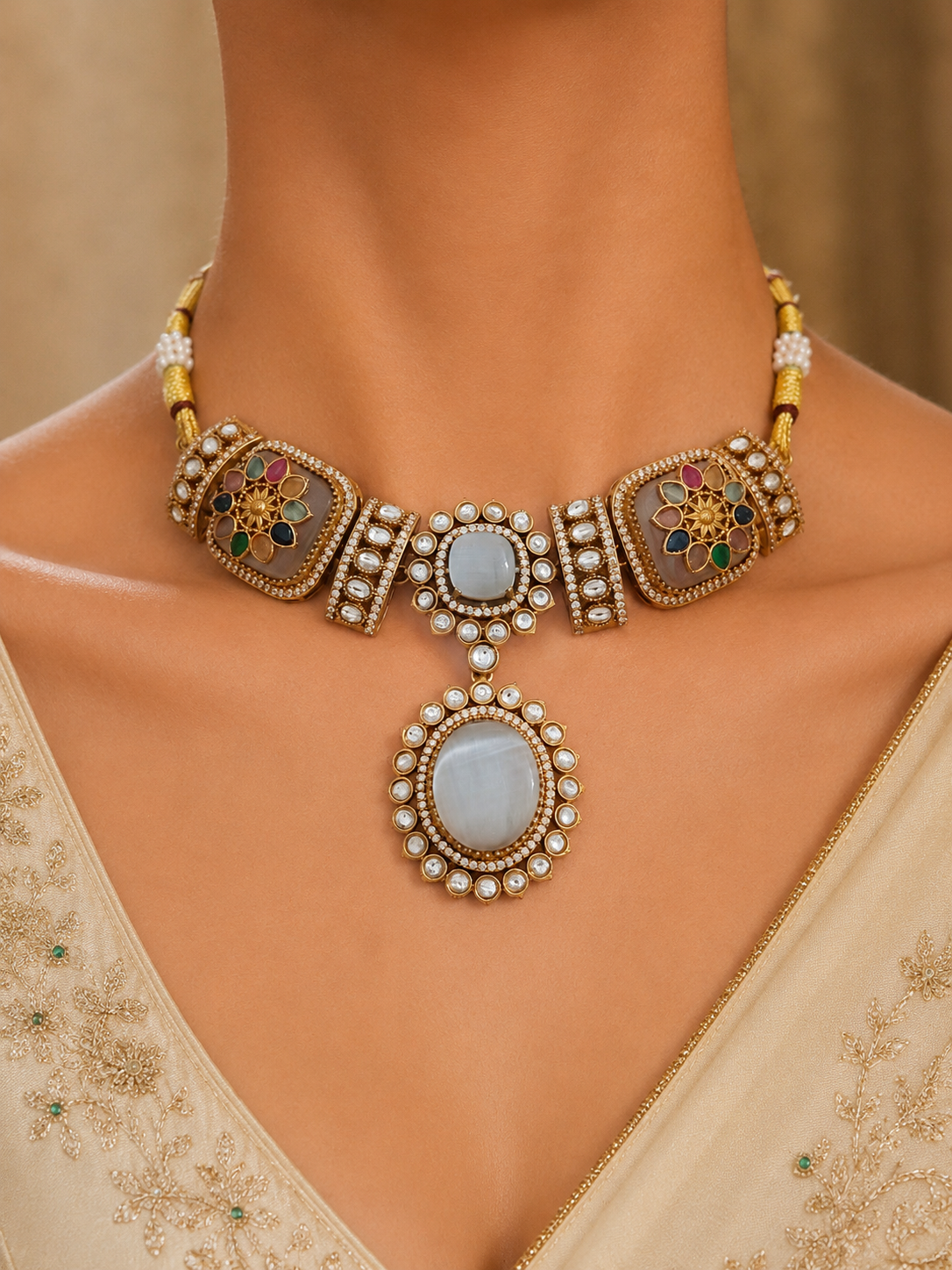 Maitha Floral White Stone Heritage Choker Set Sangeet Roz Jewellers.