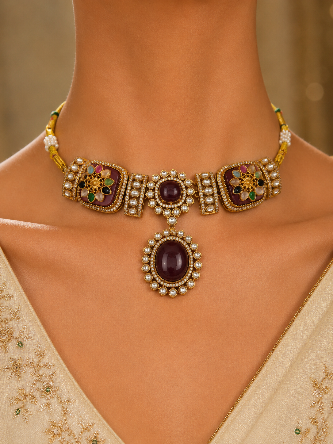 Abeer Maroon Kundan Choker Necklace Set Reception Jewelry Roz Jewellers.