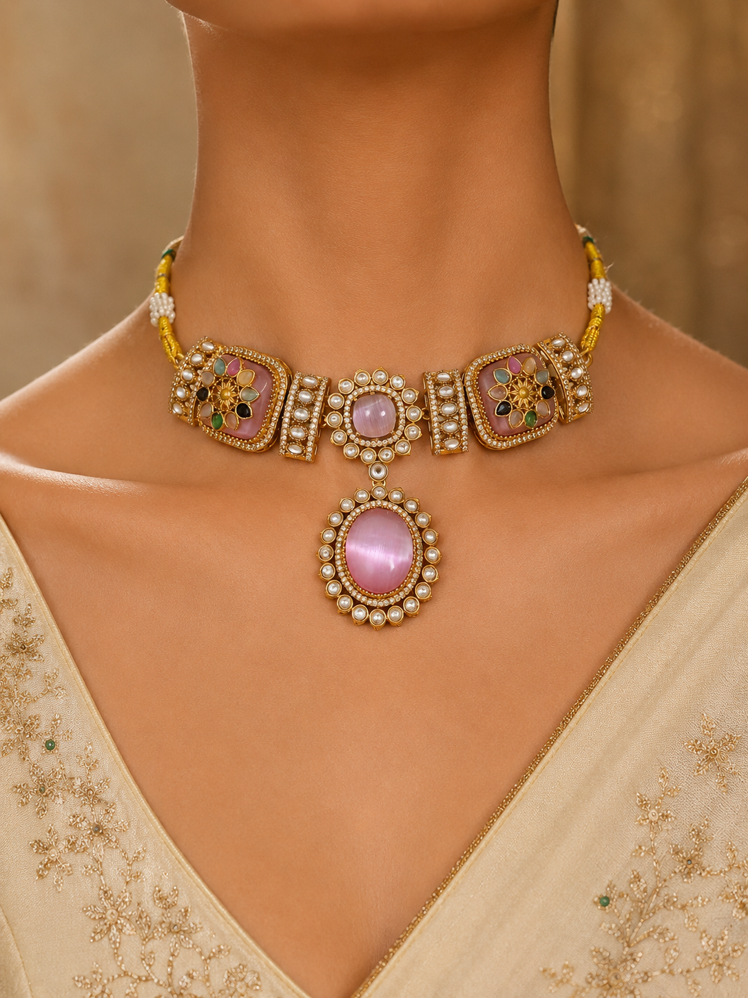 Alishba Pink Kundan Choker Necklace Set with Meenakari Accents Roz Jewellers.