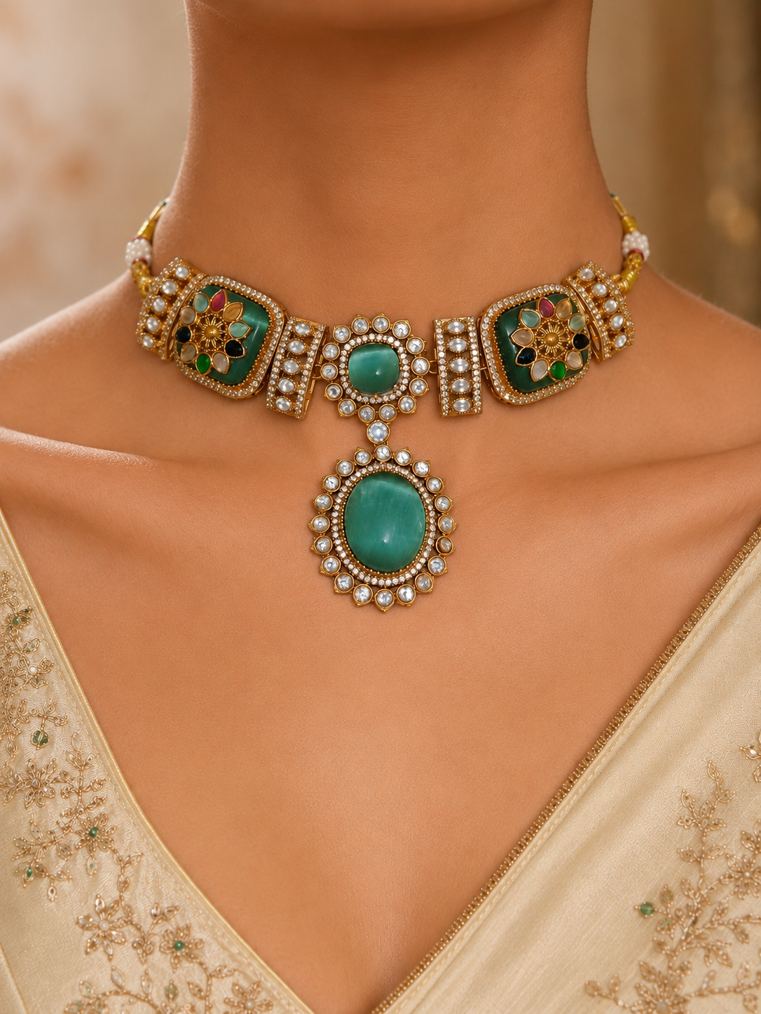 Pakistani Meenakari Moissanite Choker Necklace Set for Women Roz Jewellers.