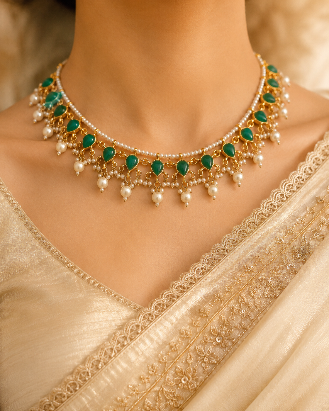 Kundan Emerald Green Teardrop Pearl Necklace Set with Long Earrings Roz Jewelle