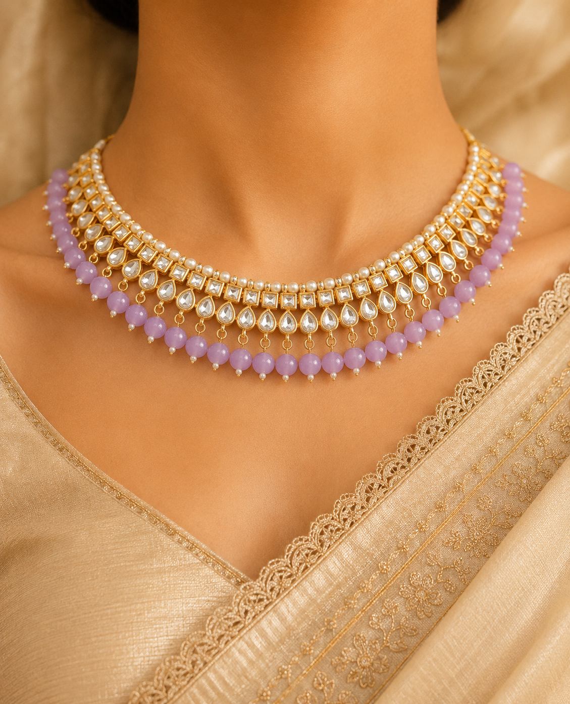 Royal Lavender Kundan Choker Necklace Set with Chandbali Earrings Roz Jewellers.