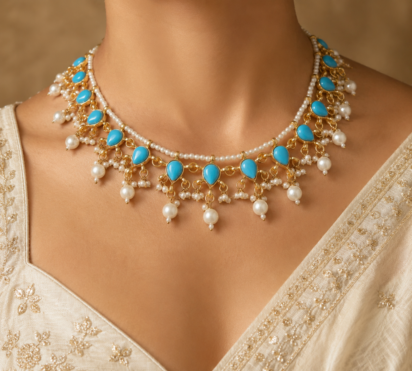 Kundan bridesmaid jewelry turquoise wedding necklace for women gold plated pearls
