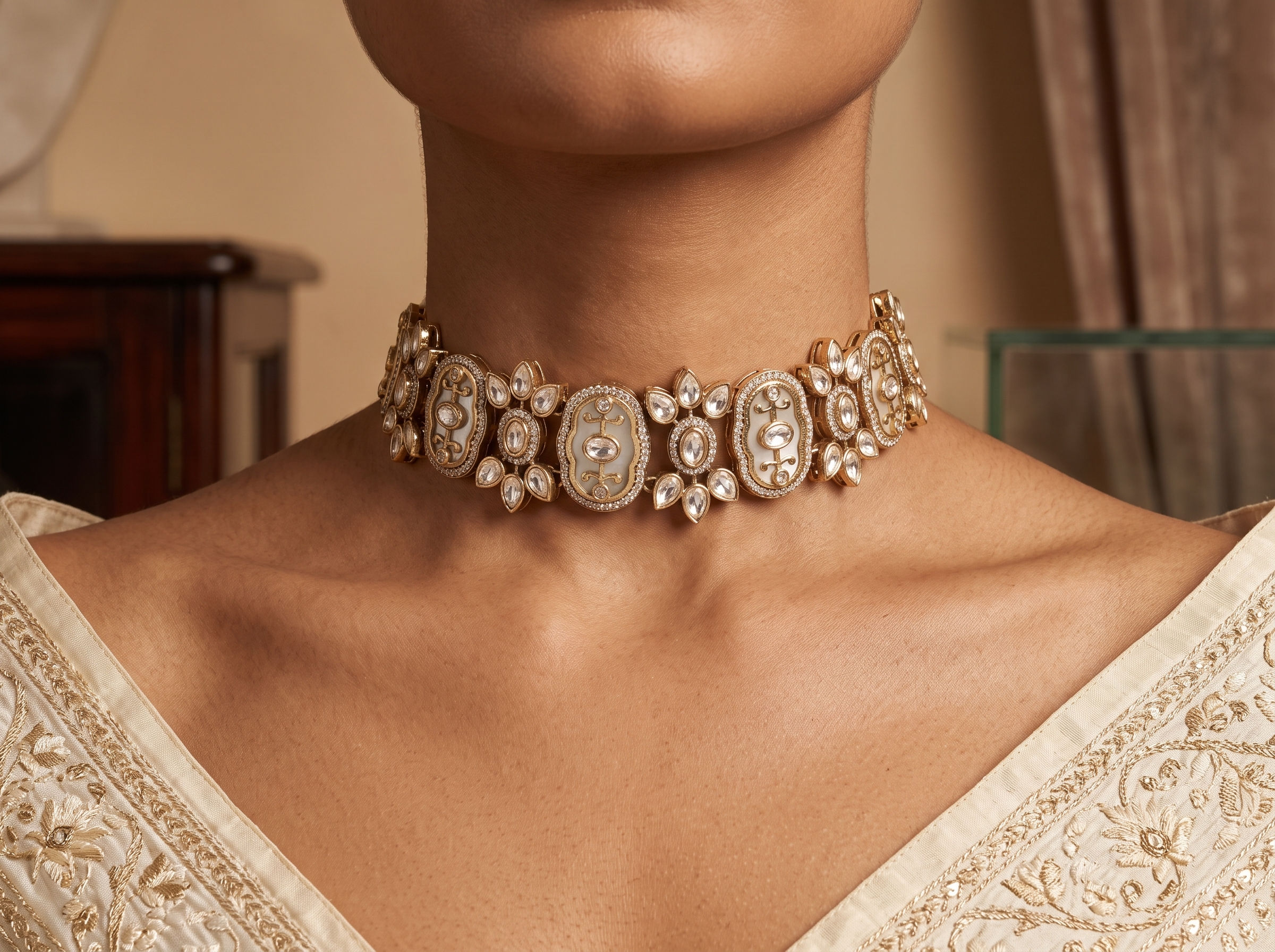 Harsheen Handcrafted White Kundan Bridal Choker Set Roz Jewellers.