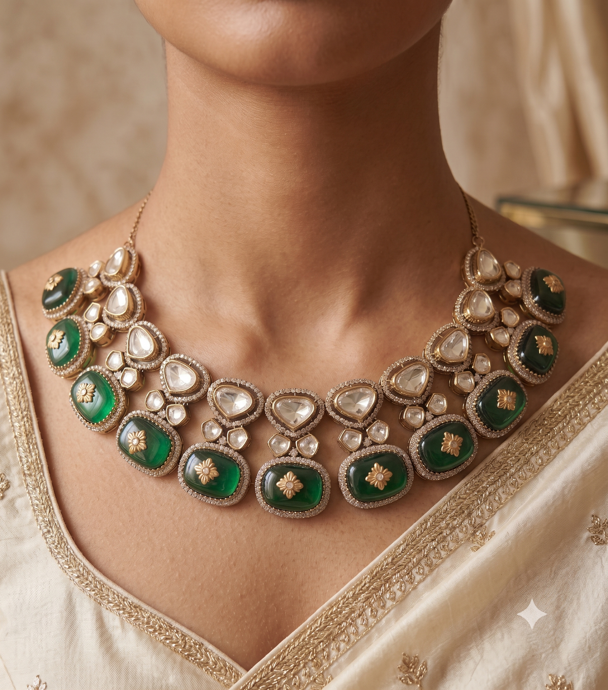 Bollywood Emerald Moissanite Floral Drop Necklace for Women Roz Jewellers.