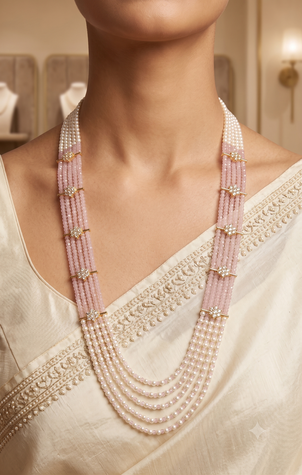 Blush Pink Pearl Multi Strand Necklace American Diamond AD Party Wear Bridal Roz Jewellers.
