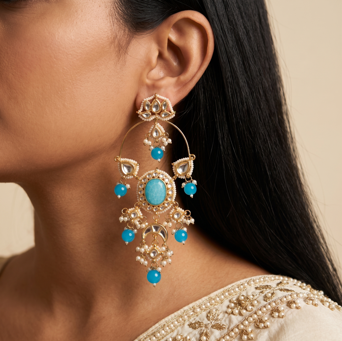Blue Bridal Chandbali Earrings Indian Kundan Wedding Jewellery for Women Roz Jewellers.